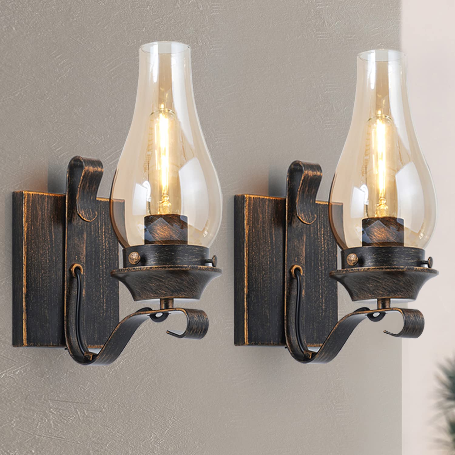 Yisuro Wall Sconces Set Of 2, Oil Rubbed Bronze Retro Lamps With Amber Glass For Living Room