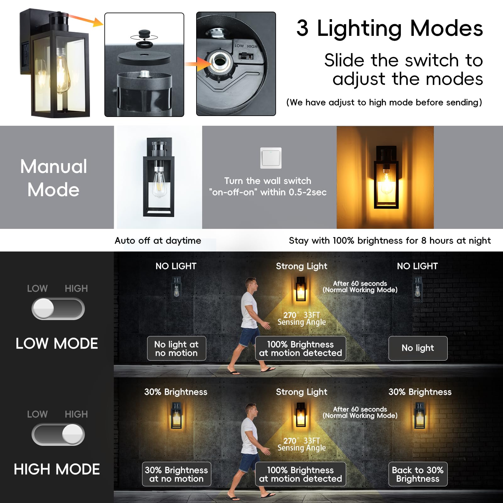 Huadeec Porch Light With Gfci Outlet,Dusk To Dawn Motion Sensor Outdoor Light,3 Lighting Modes Exterior Lights Fixture,Anti-Rust Front Porch Light Wall Lantern(Bulb Not Included)