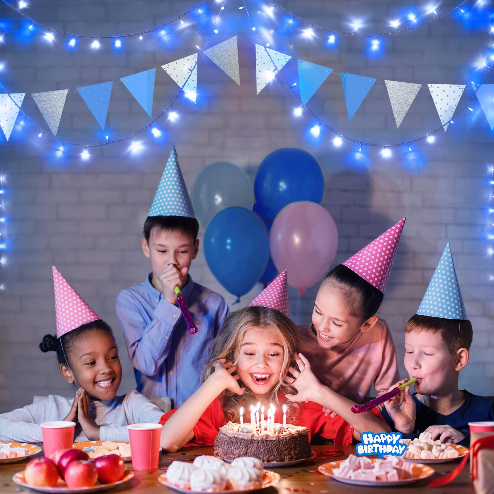 JMEXSUSS Battery String Lights, 100 LED, 33ft, Blue & White, 2 Pack with Remote for Outdoor Party and Birthday Decorations
