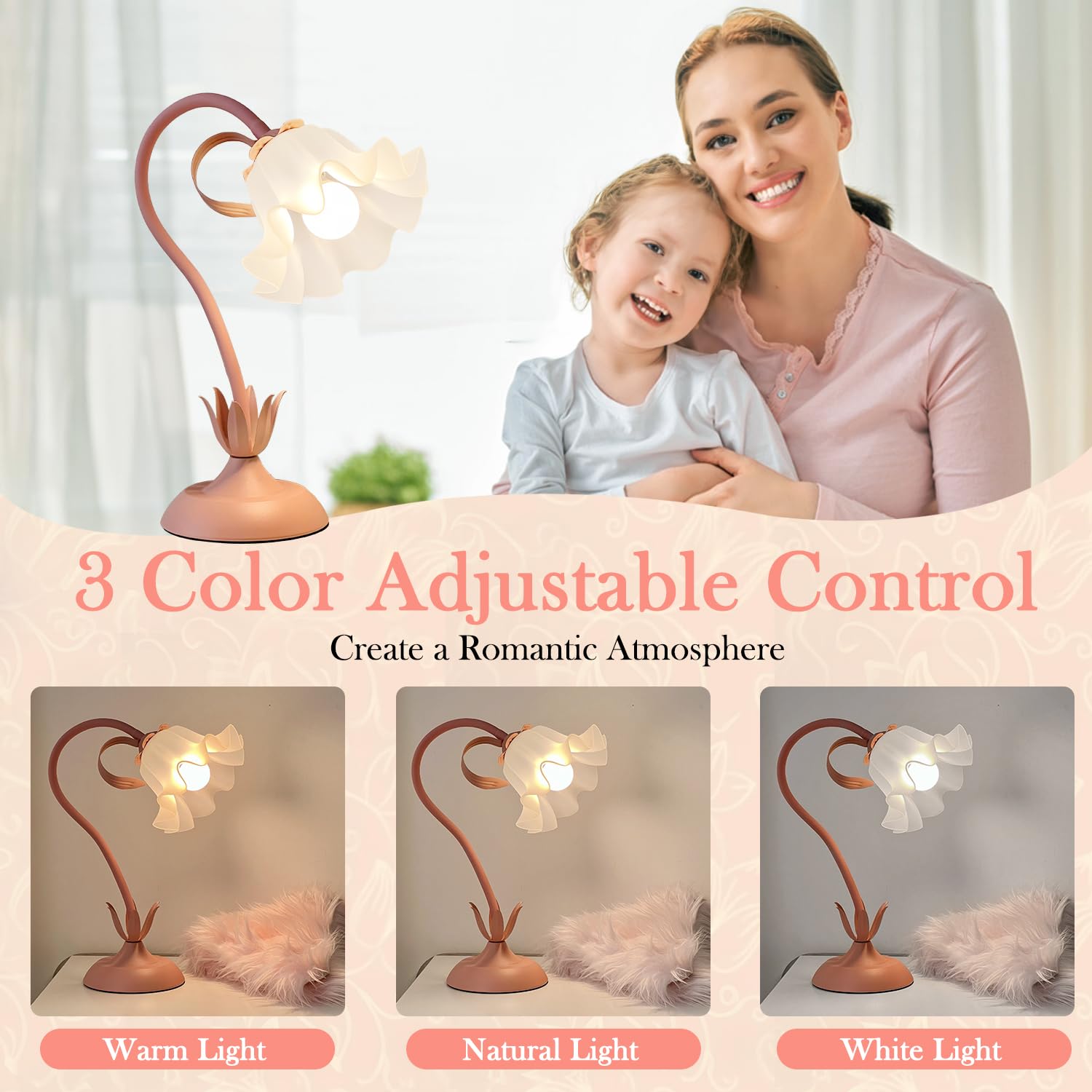 WERFOP Vintage Flower Table Lamp, LED Gooseneck Desk Lamp, Medium, Metal, Pink, Model FTL0830