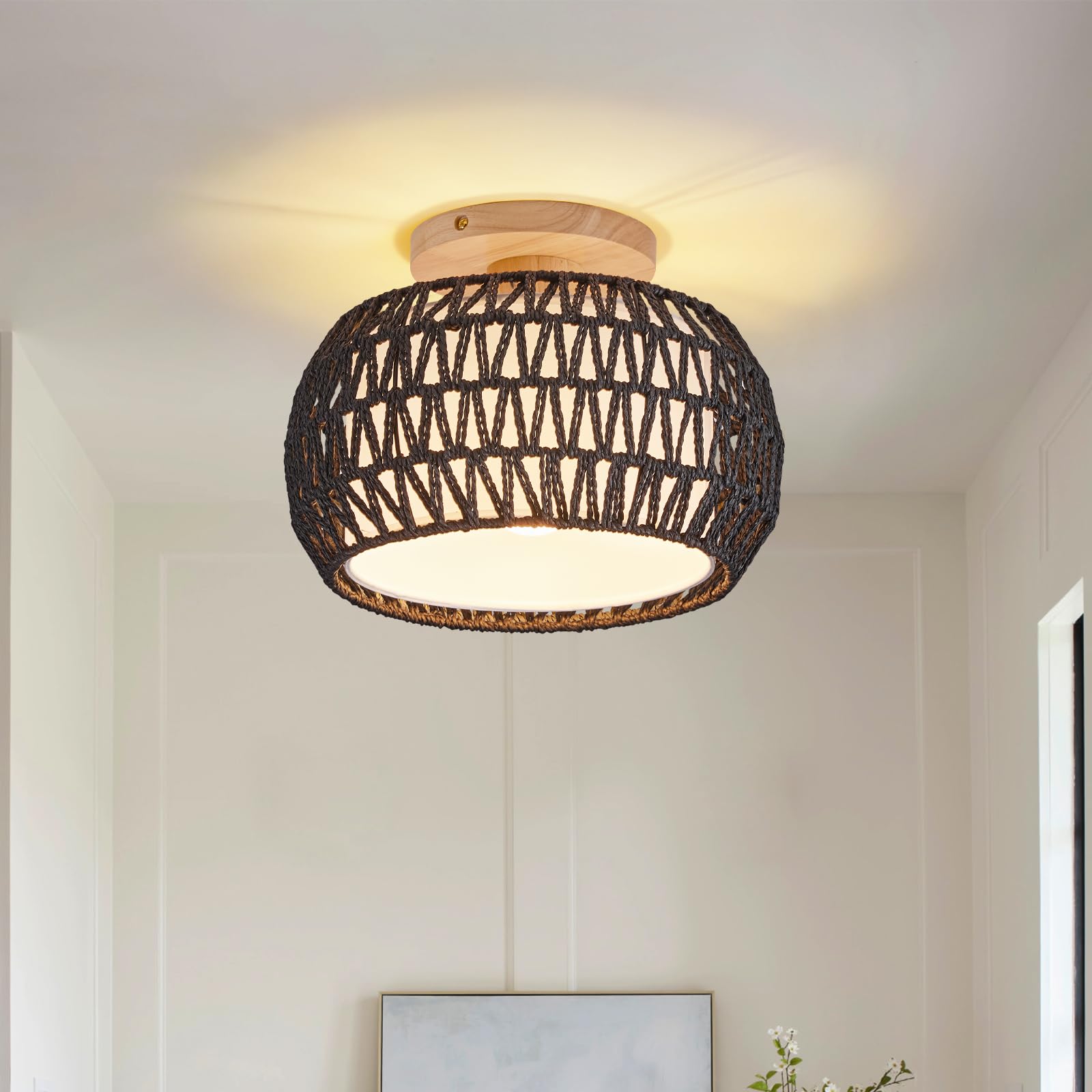Boho Rattan Ceiling Light Fixture - 3 Style Options Wicker Semi Flush Mount Ceiling Lights Black Bohemian Woven Basket Chandelier Coastal Light Fixtures for Hallway Bedroom Nursery Playroom Laundry
