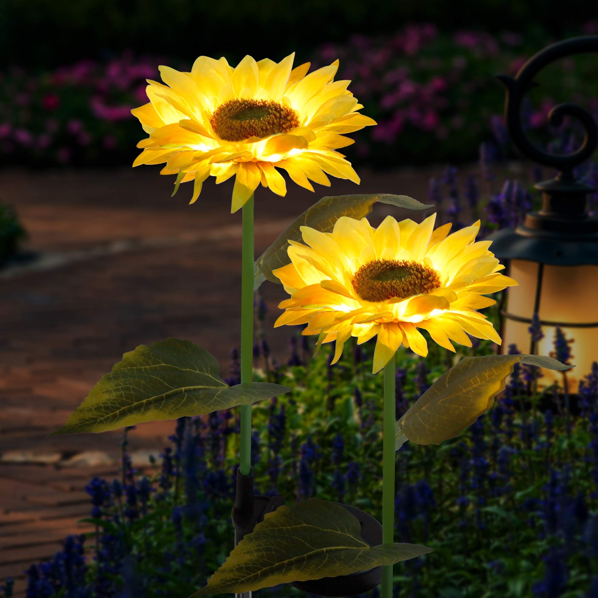 Forup Solar Garden Stake Lights 2 Pack - Yellow Sunflower Led Outdoor Decor For Lawn & Pathway