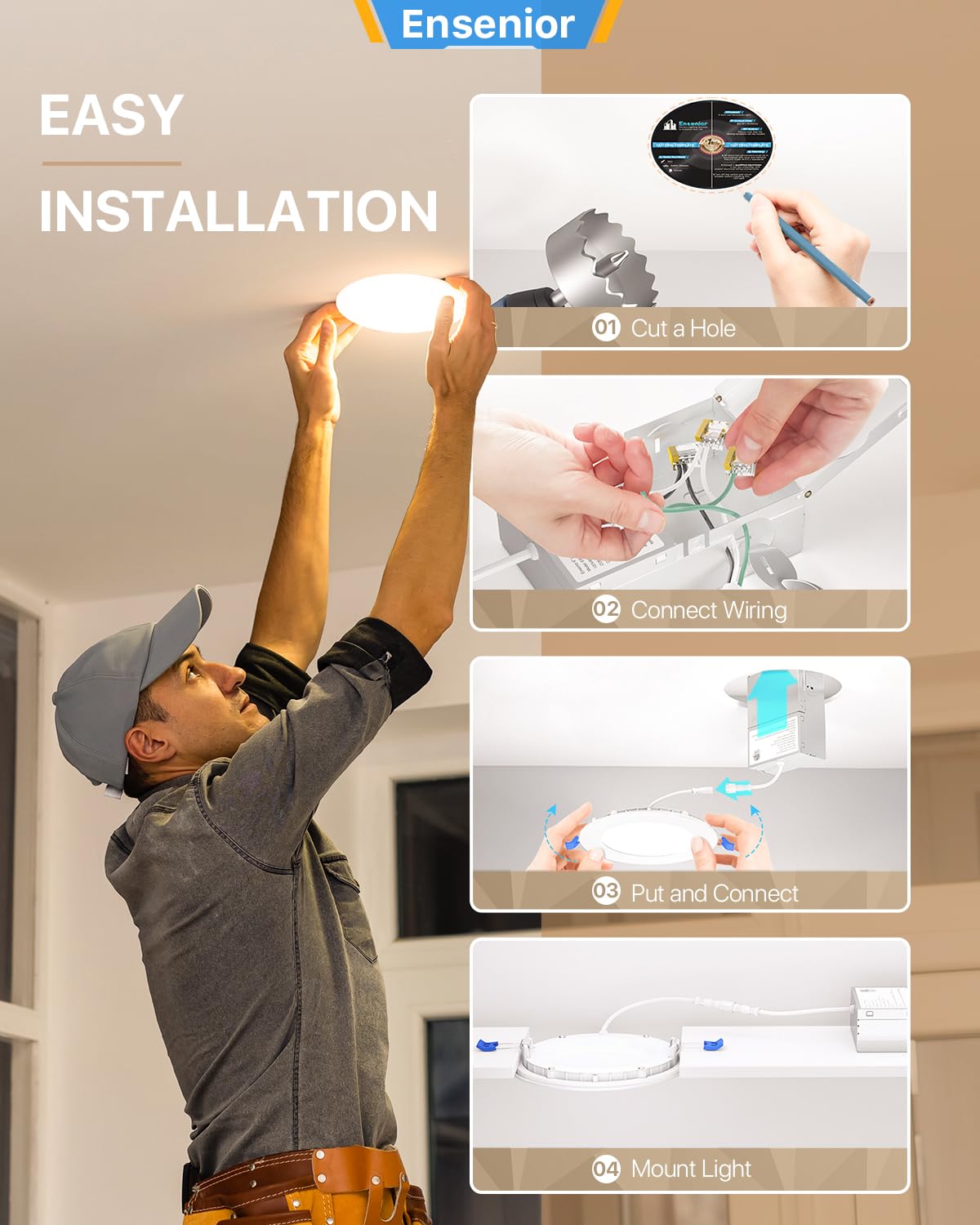 Ensenior 16 Pack 4 Inch Ultra-Thin Led Recessed Ceiling Light With Junction Box, 5000K Daylight, 9W 75W Eqv, Dimmable Downlight, 750Lm High Brightness - Etl And Energy Star Certified