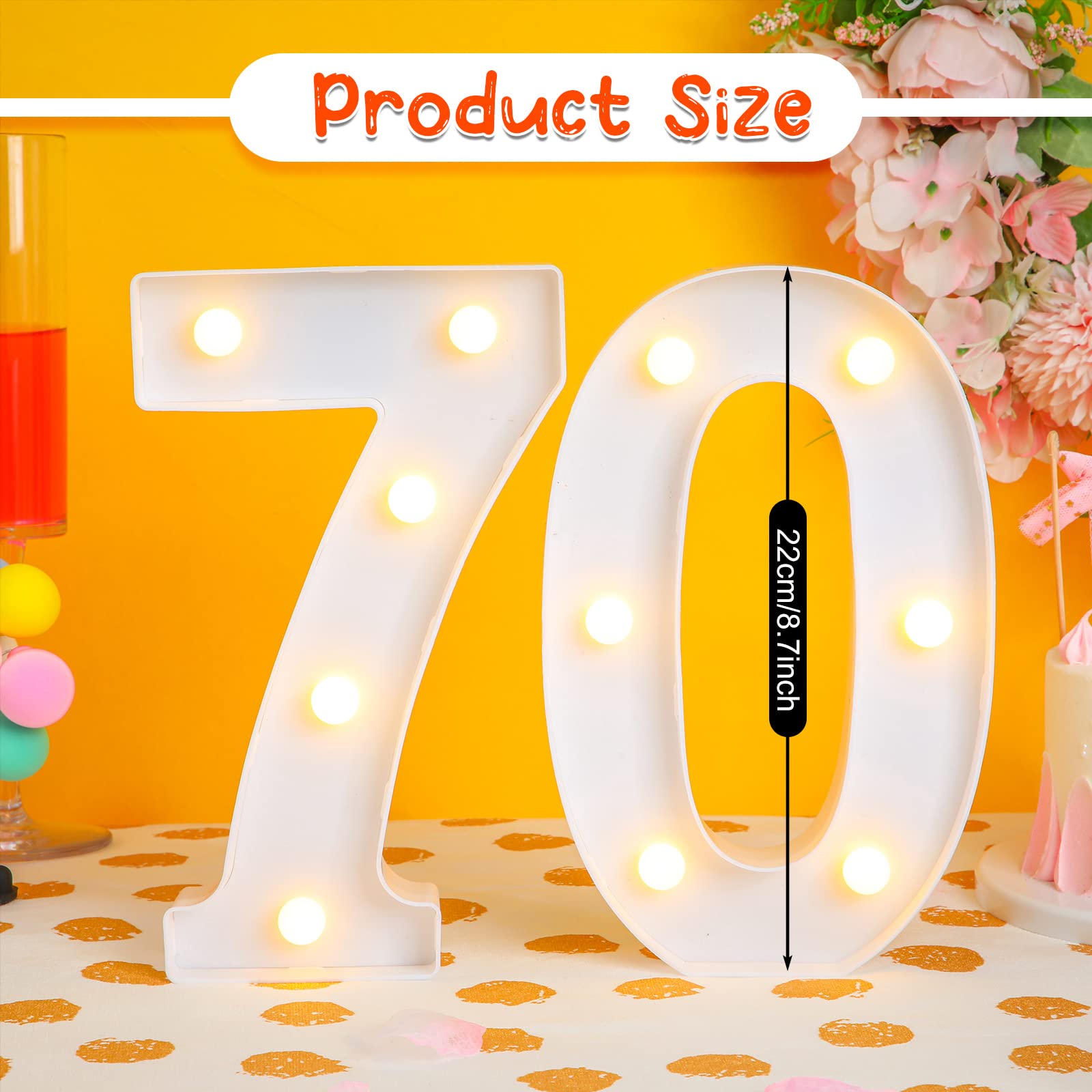 Treela LED Number Sign - 8.7'' Glitter Marquee for 70th Birthday, White, Polypropylene, Model Treela-Light-01