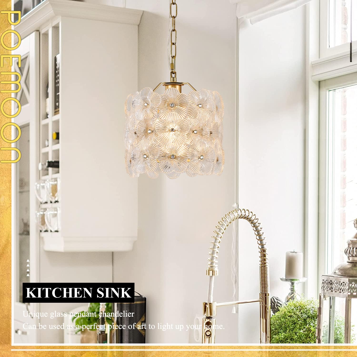 Poemoon Gold Glass Pendant Light - Modern Flower Design, 8.7 inches, 1-Light for Kitchen, Dining, Bedroom, Model P54-1GC1