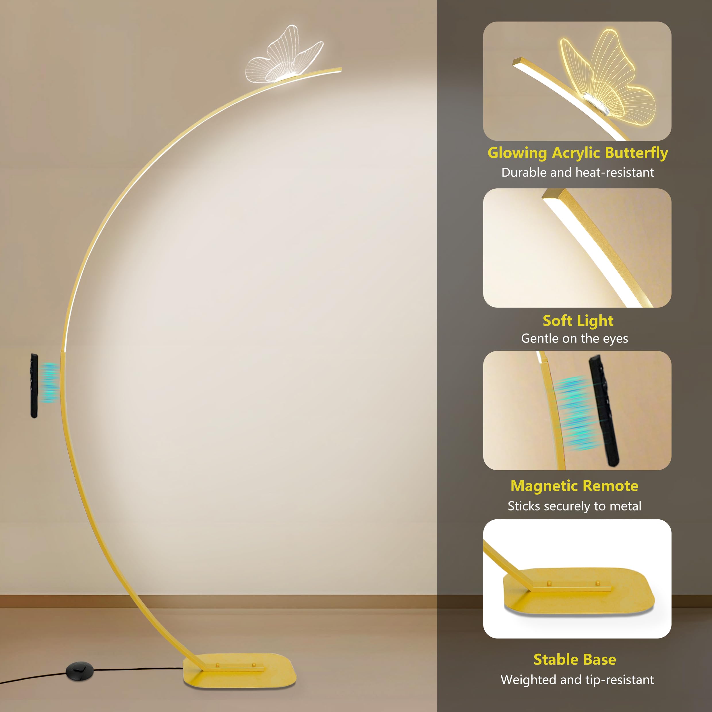 Arc Floor Lamp,2000 Lumens Dimmable Butterfly Arched Floor Lamp with Remote & Foot Control, 3 Color Temperatures, Modern Floor L