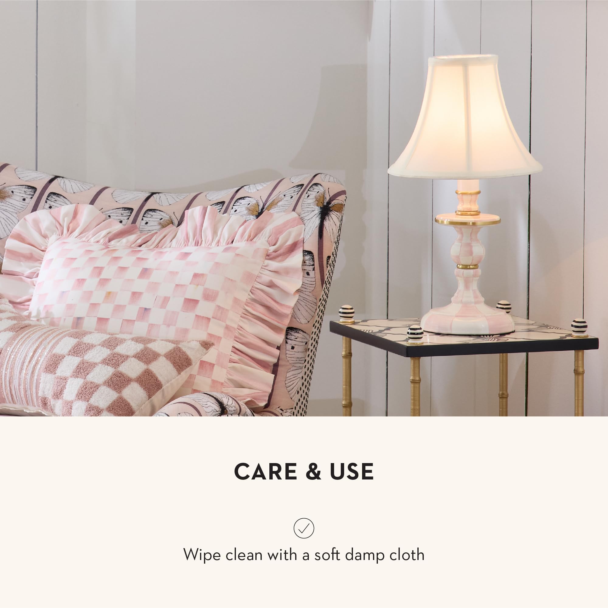 Mackenzie-Childs Candlestick Lamp, Decorative Lamp For Living Room Or Bedroom, Pink-And-White Rosy Check