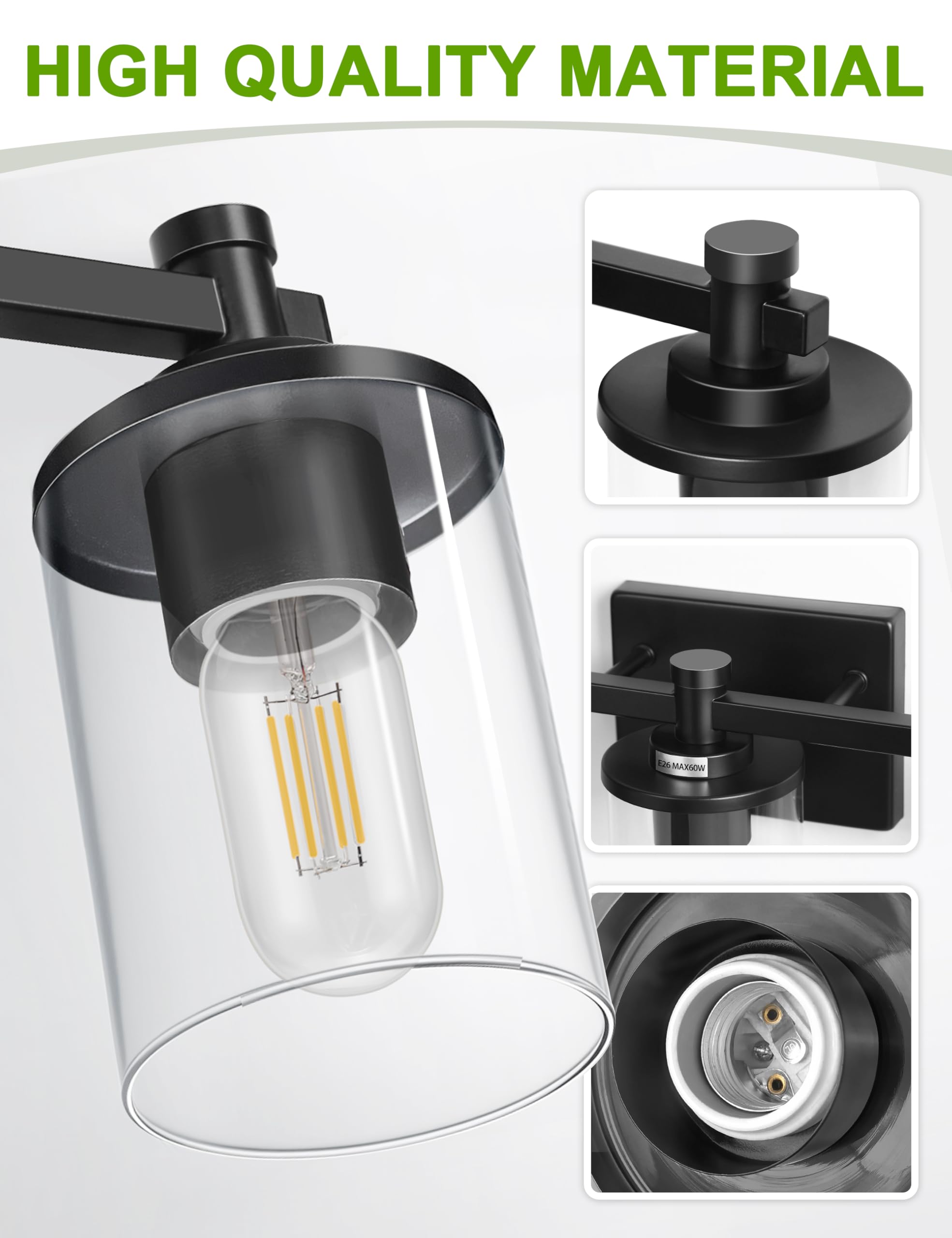 L LOHAS LED 5-Light Bathroom Vanity Light Fixture, Black Metal with Clear Glass Shade, Modern Design for Mirror or Hallway