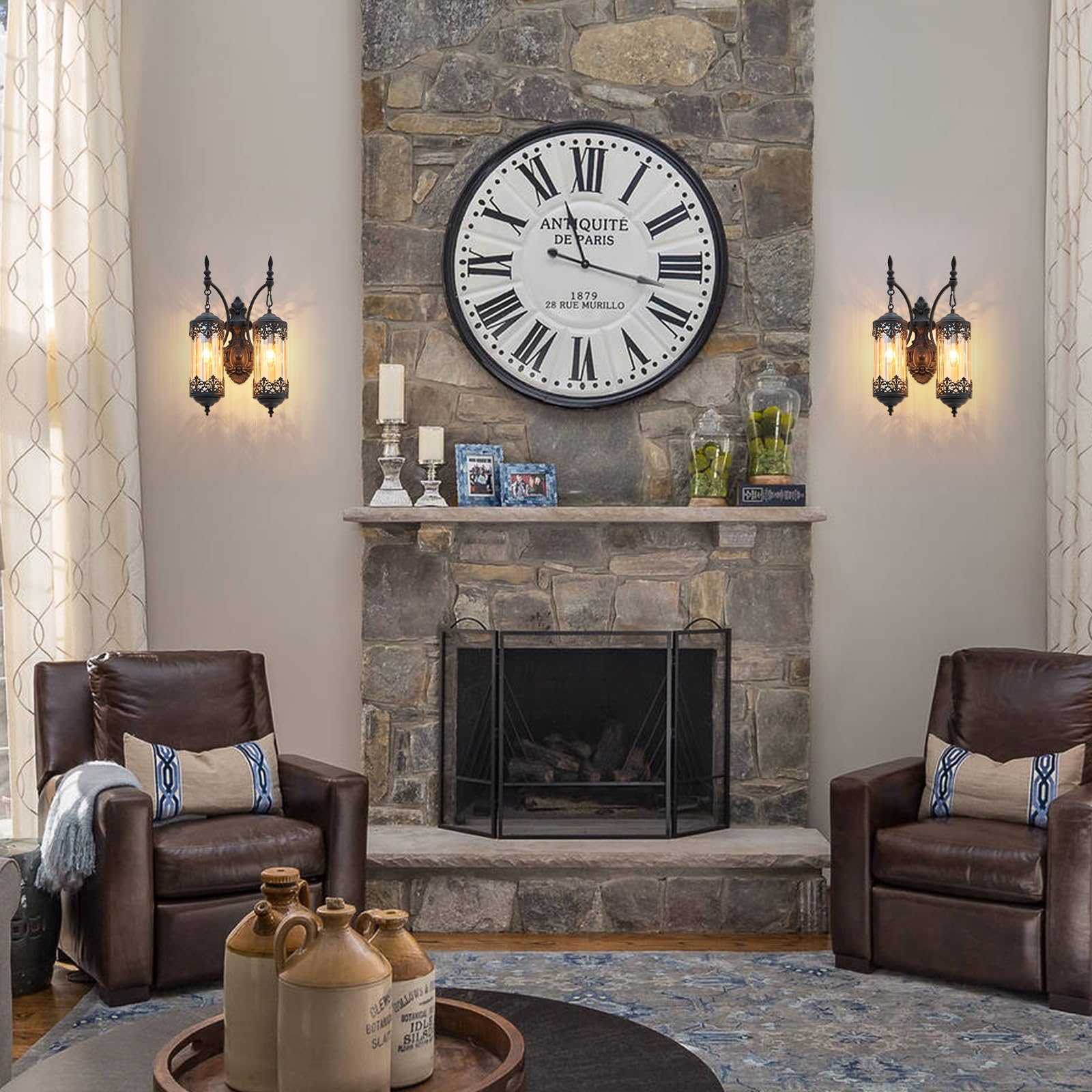 Ronghuafugui Rustic Wall Sconce, Black Antique 2-Light Vintage Lantern For Bedroom & Living Room