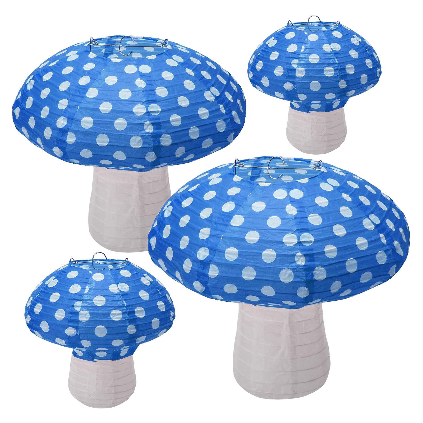 Windspeed Mushroom Shaped Paper Lanterns, 8 inch & 12 inch, Blue, Set of 4 for Nursery Garden Christmas Party Decoration