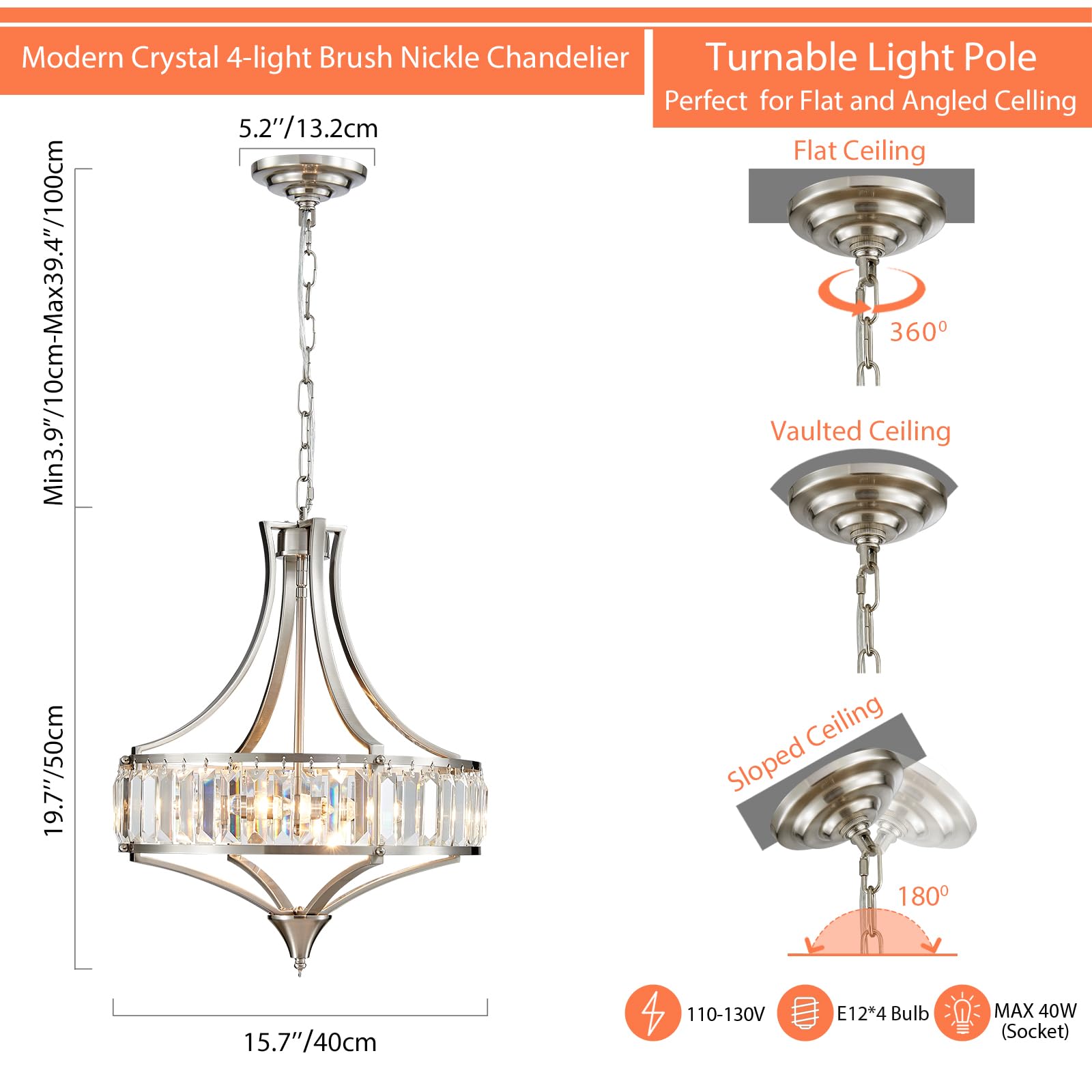 Majhoiw 4-Light Rustic Farmhouse Chandelier, Round Metal Shade, Brushed Nickel, Ideal for Dining Room, Hallway, Bedroom, Foyer