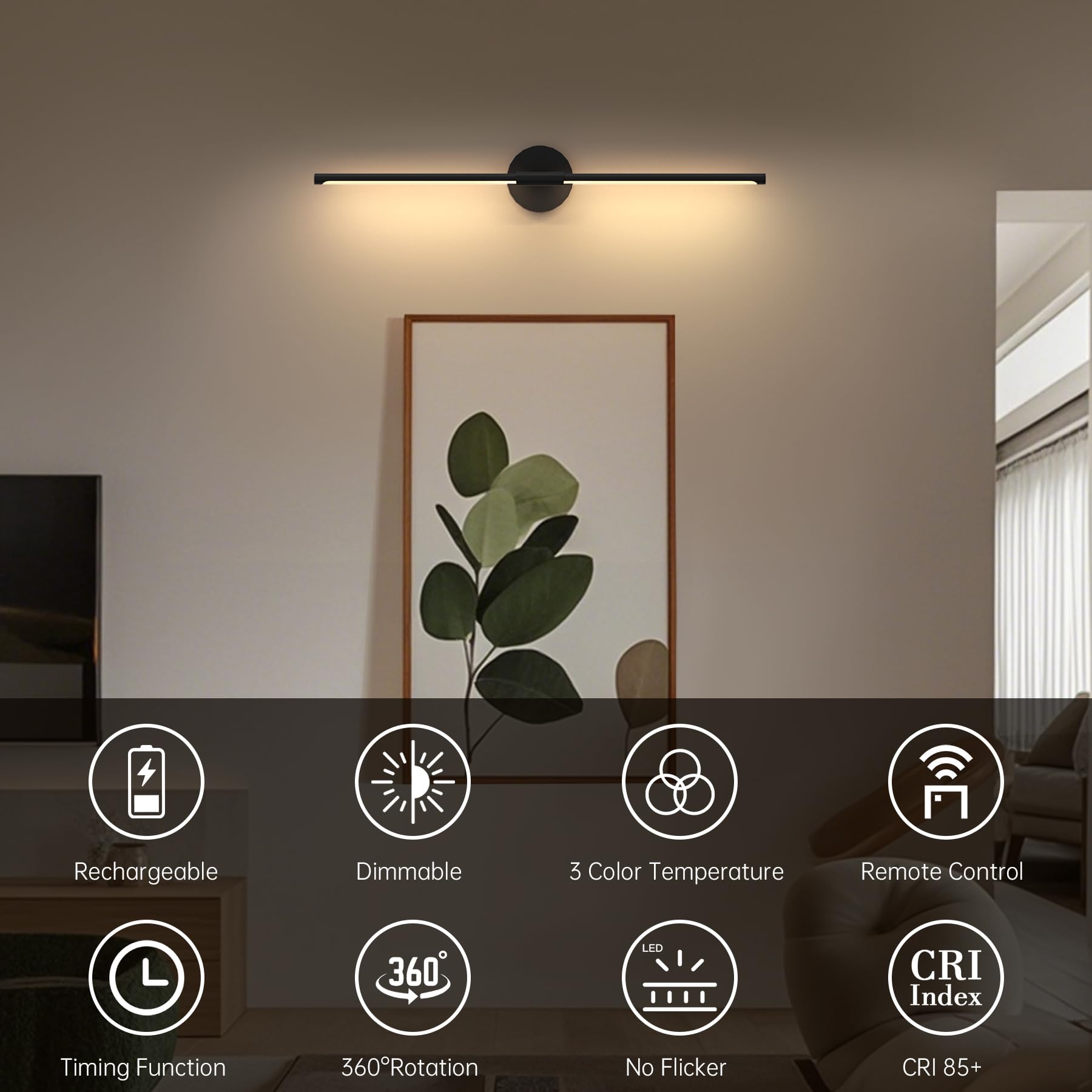 Topported Battery Operated Wall Sconces,31.5 Inch Dimmable Battery Wall Sconce With Remote Control,3 Color Temperatures,Recharge