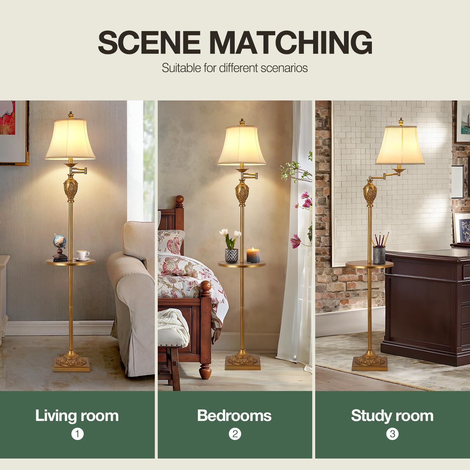 AIDENOEY Traditional LED Floor Lamp - 350° Adjustable Swing Arm, 65" H, Gold-1, Model HYFLOOR005, Vintage Design for Living Room & Office