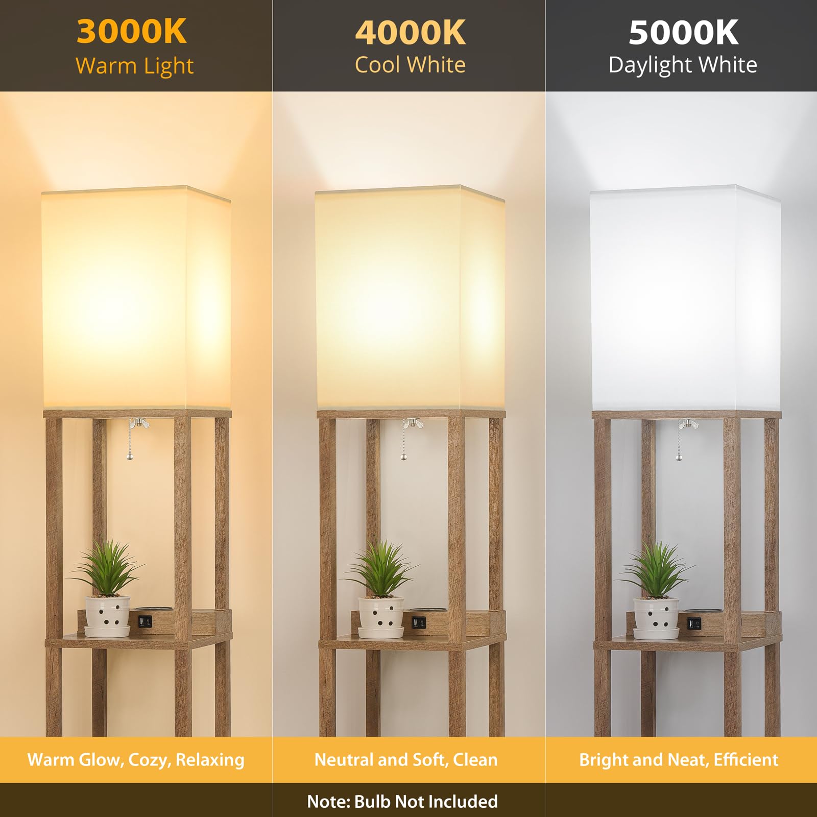 Mlambert Modern LED Shelf Floor Lamp with Wireless Charger, 2 USB Ports & 2 Outlets, Wood Finish, Model A-092, 3-Tier Storage for Bedroom/Living Room