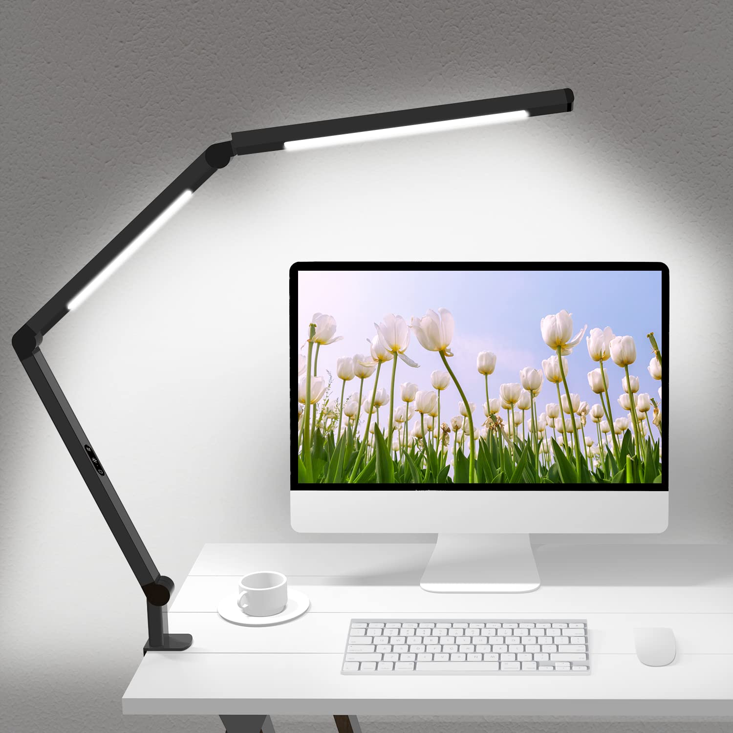 Micomlan LED Desk Lamp - Black, Adjustable Swing Arm, 4 CCT Modes, 5 Brightness Levels, Clip-on Eye-Care Light for Home Office