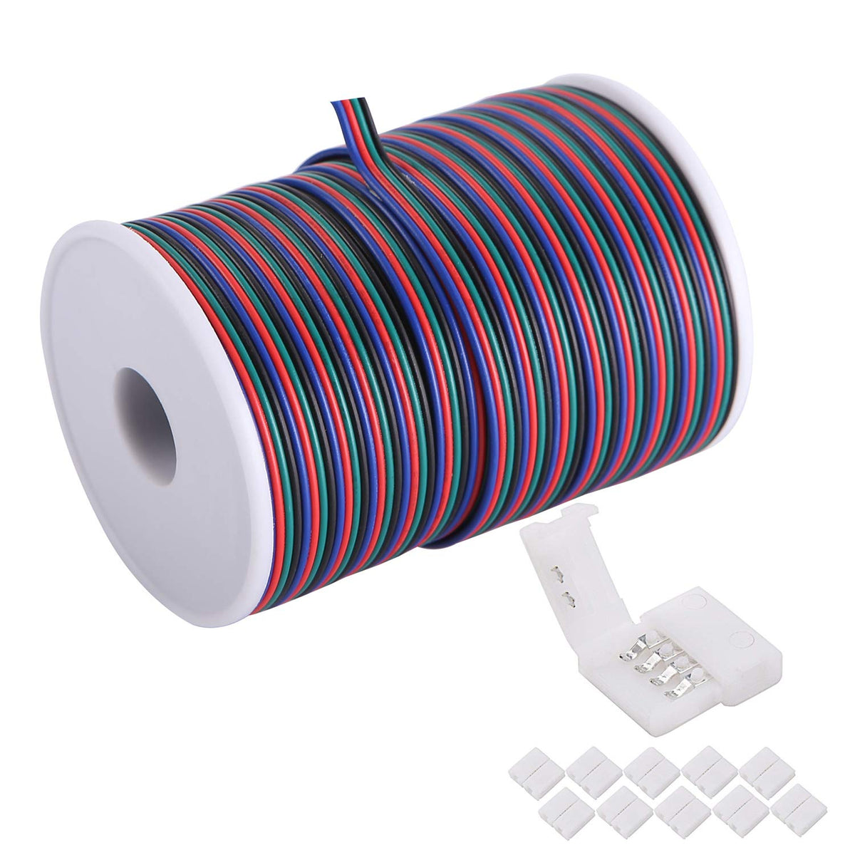 C-Able 100Ft(30.5M) 22 Awg 4Pin Rgb Wire Extension Cable With Spool, Led Lights Wires Strip Extend Wire For 5050 3528, With 8Pcs