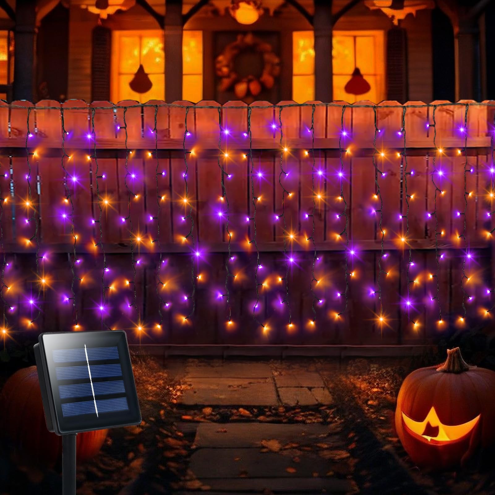 Dbfairy Purple Orange Solar Halloween Curtain Lights 300 Led 19.6Ft X 3.3Ft Waterproof 8 Modes For Outdoor Decoration