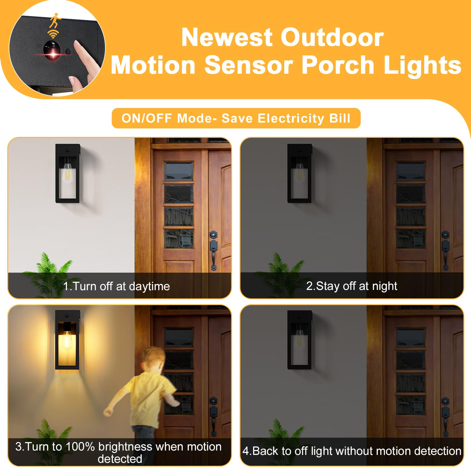 OYKYOHEI Porch Lights 2-Pack with GFCI Outlet, Dusk to Dawn Motion Sensor, Waterproof, Black, 11.88" Wall Sconce, Model TSU-B050