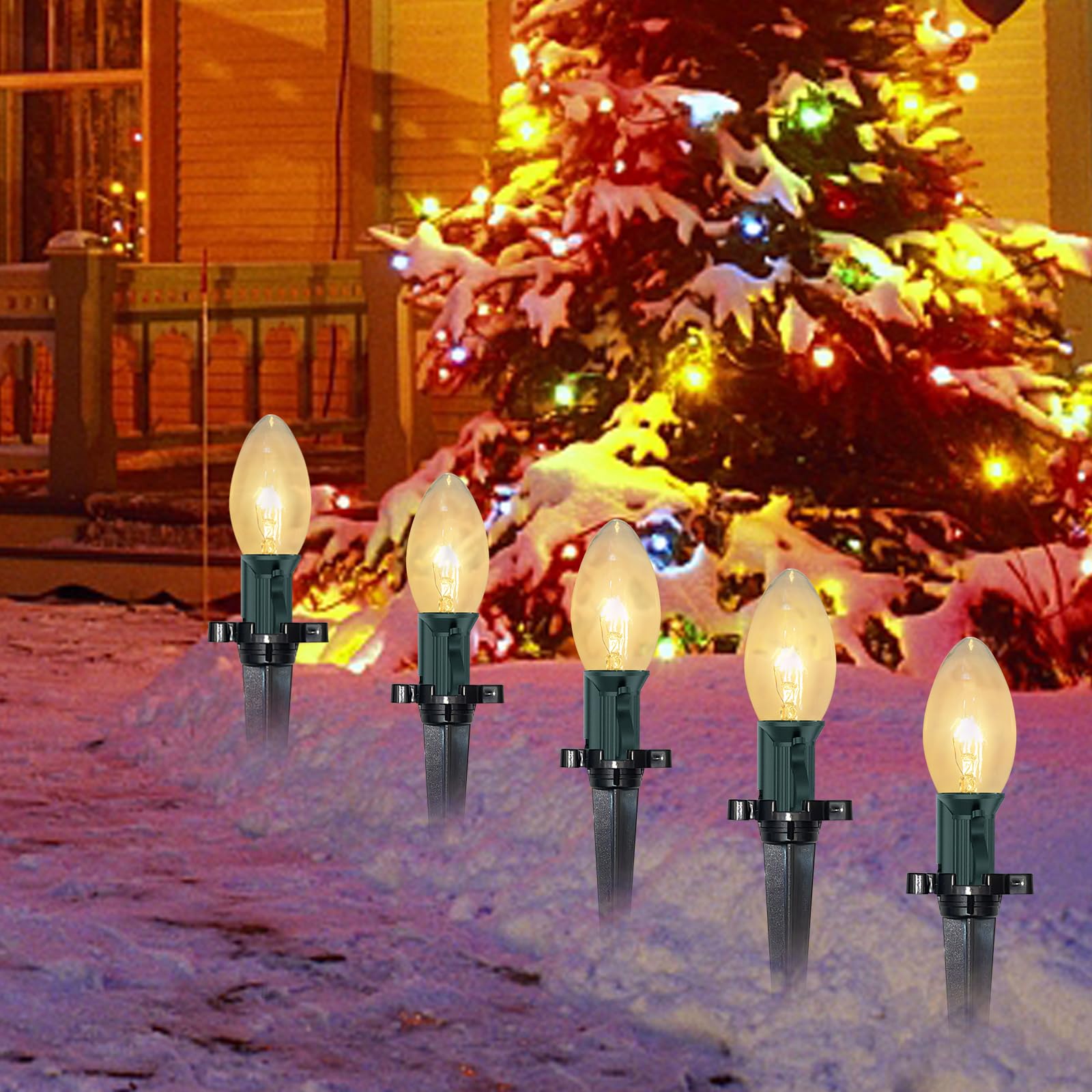 C9 Christmas Pathway String Lights, 38Ft Clear Pathway String Lights Outdoor with 25 Clear Bulbs and Stakes, Waterproof Walkway 