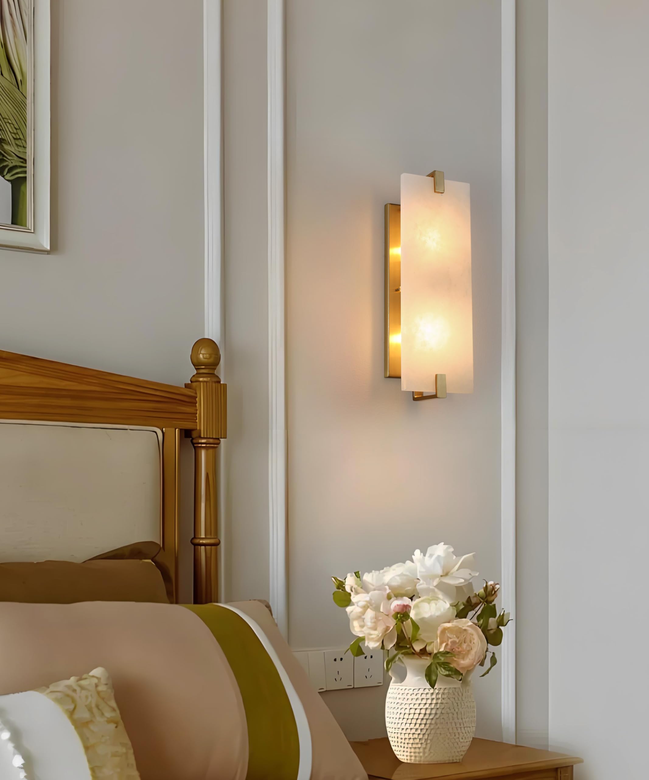 Cjy Chenjinyan 2 Light Square Alabaster Marble Bathroom Wall Sconce Modern Concise Style Wall Light Fixture,Brushed Bronze Finis