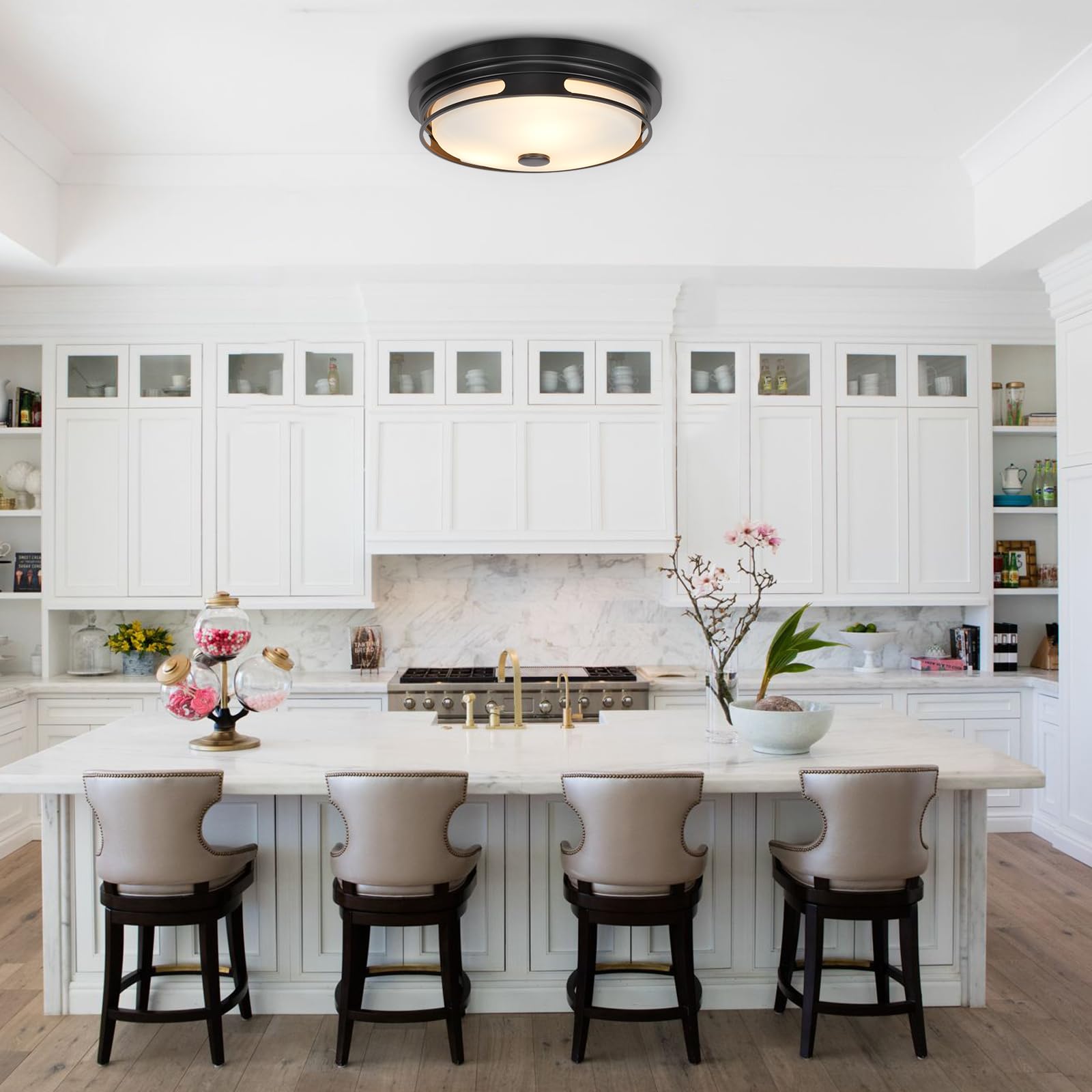 Rosient Flush Mount Ceiling Light Fixture - Modern Farmhouse, Seeded Glass, ROS90, Black