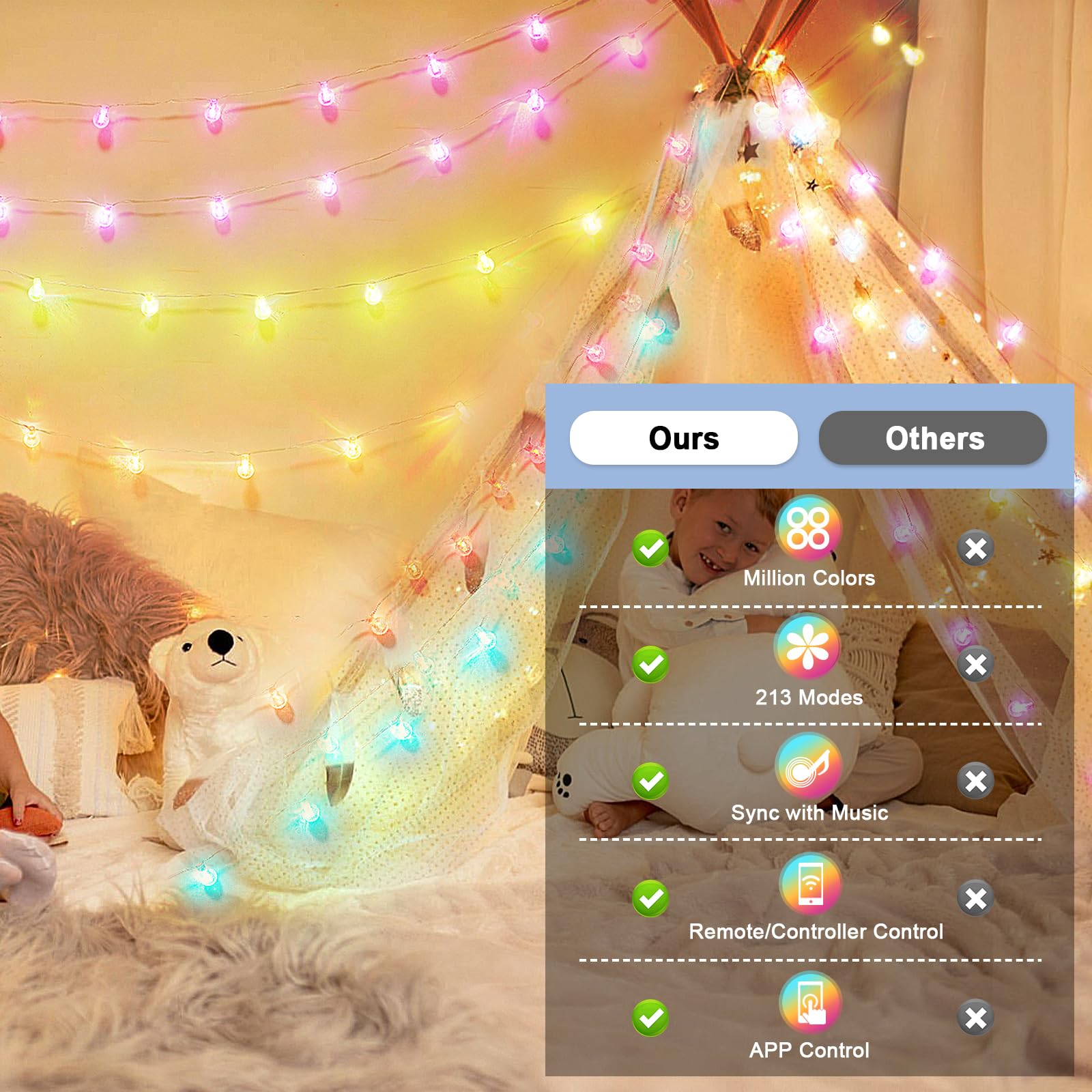 Smart Christmas String Lights Indoor, 29.5Ft 213 Modes Crystal Fairy Lights, 60Led Color Changing Globe Decorative Hanging Lights With App Remote Music For Bedroom Party Girl Gift Tent Wall Xmas Décor