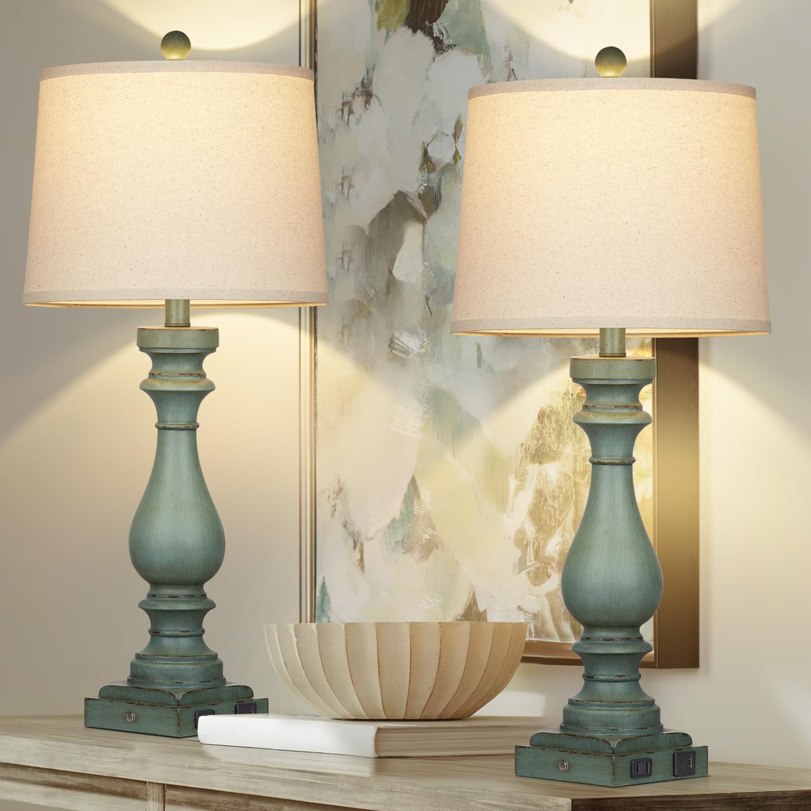 Cinkeda 29 Tall Table Lamp for Living Room Set of 2,Vintage Bedside Nightstand Lamps with USB C+A Ports & AC Outlet,3-Way Dimmab