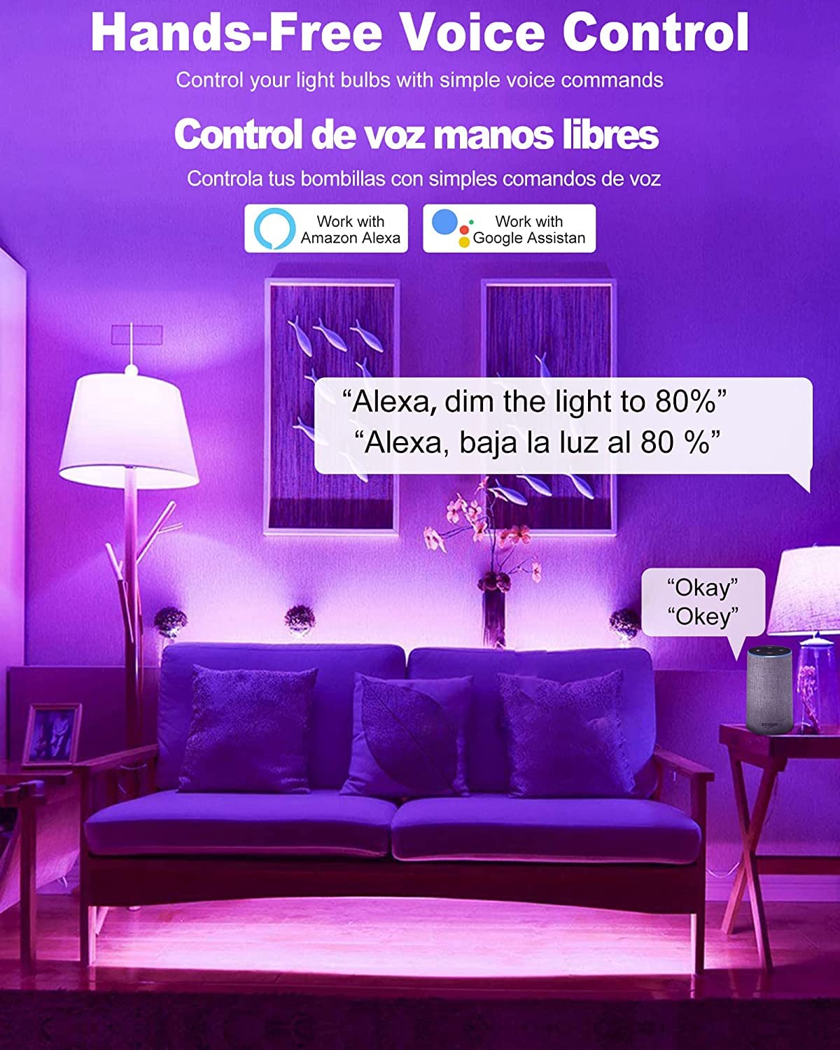 OHLUX Smart Light Bulbs, 7W RGB Color Changing LED A19 Bulbs, 4 Pack, Compatible with Alexa and Google Assistant