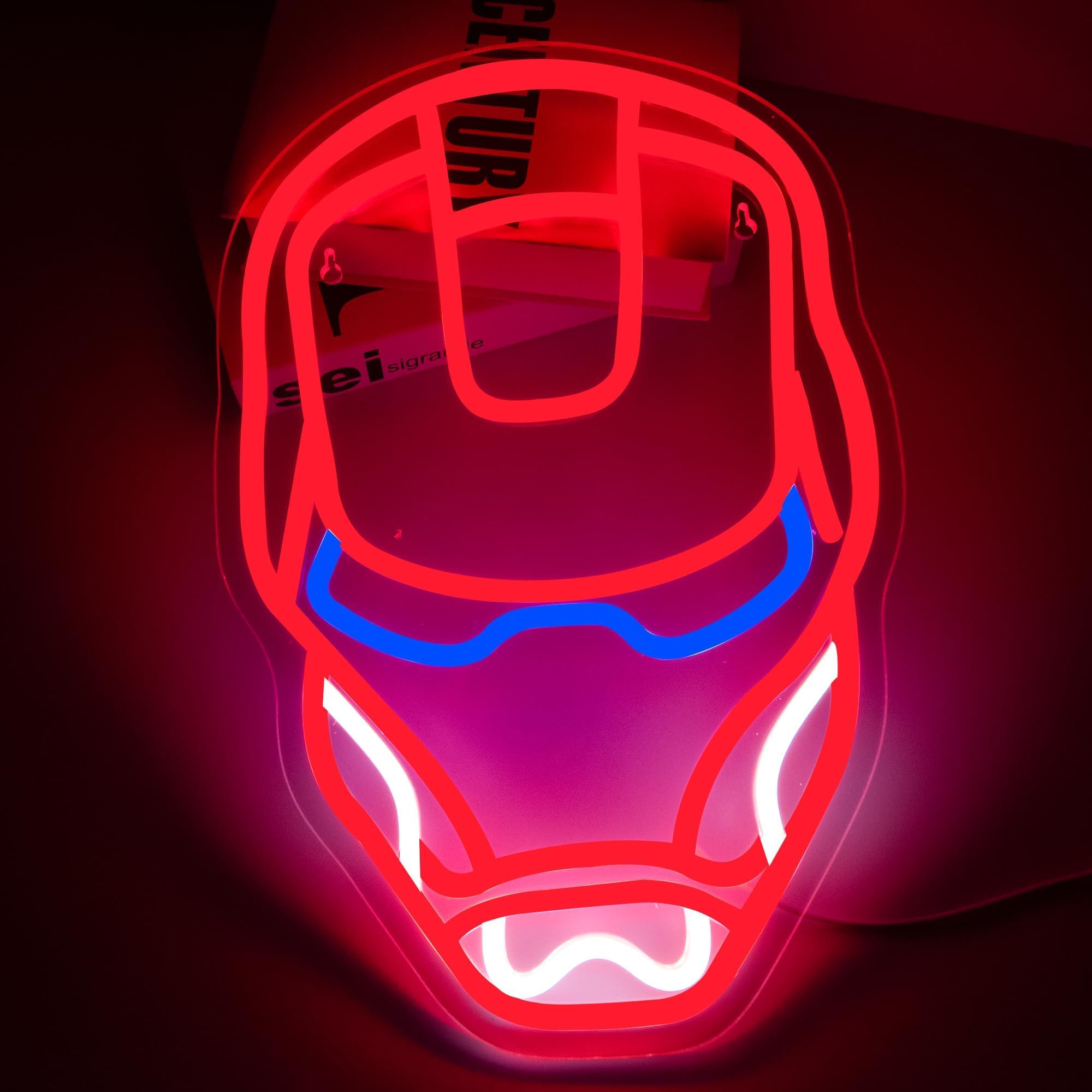 FTMGGDG Iron LED Neon Light Sign - Superhero Design, 16.5x11 inches, Acrylic, Red/Blue/White, Model FMXD100