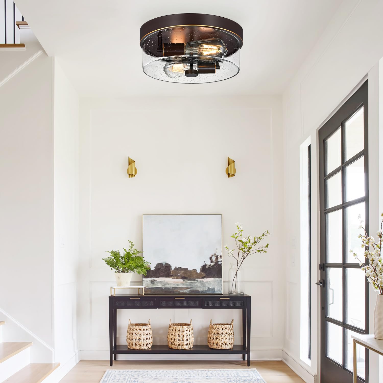 Flush Mount Ceiling Light Fixtures, 2-Light Oil Rubbed Bronze Ceiling Mount For Farmhouse With Seeded Glass Lampshade, Industria