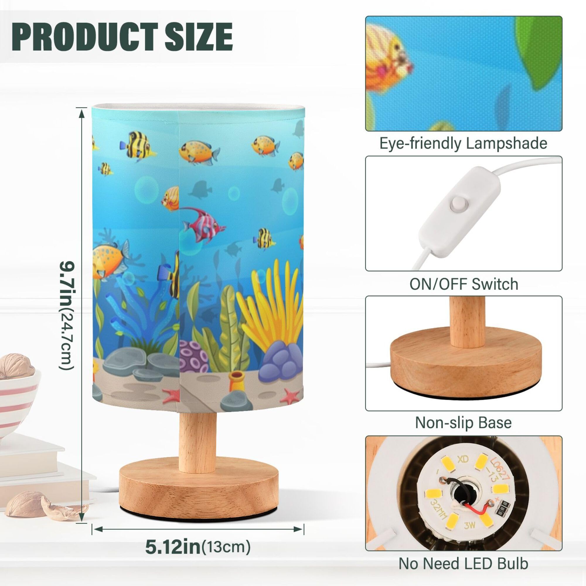 Yyzzh Table Lamp Colorful Underwater Sea Turtle Octopus Crab Fish Coral Aquatic Nightstand Lamp With Wood Base Fabric Lamp Shade