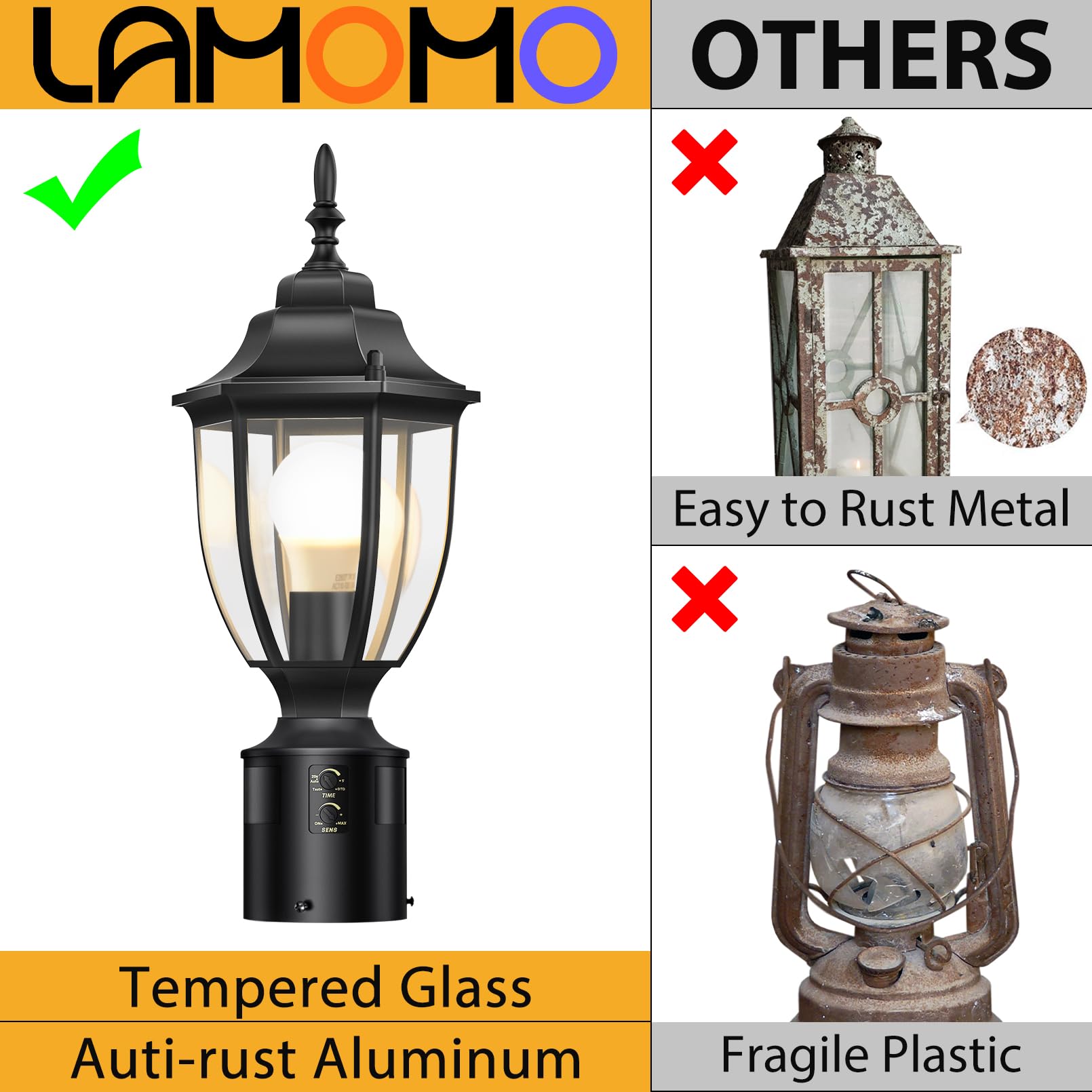 Lamomo Motion Sensor Outdoor Post Light Fixture, Waterproof Aluminum, Black, 1 Pack for Yard Patio Garden