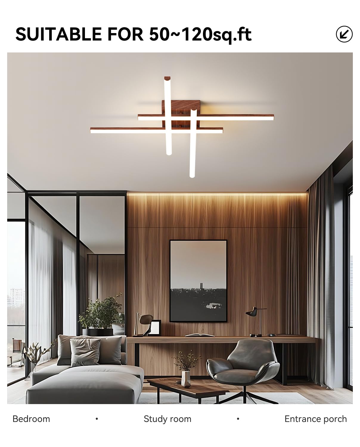 JFHTNFJ Modern Sputnik Ceiling Light Fixture LED Dimmable with Remote Control 4-Light Wood Color Chandelier for Bedroom, Kitchen, Living Room