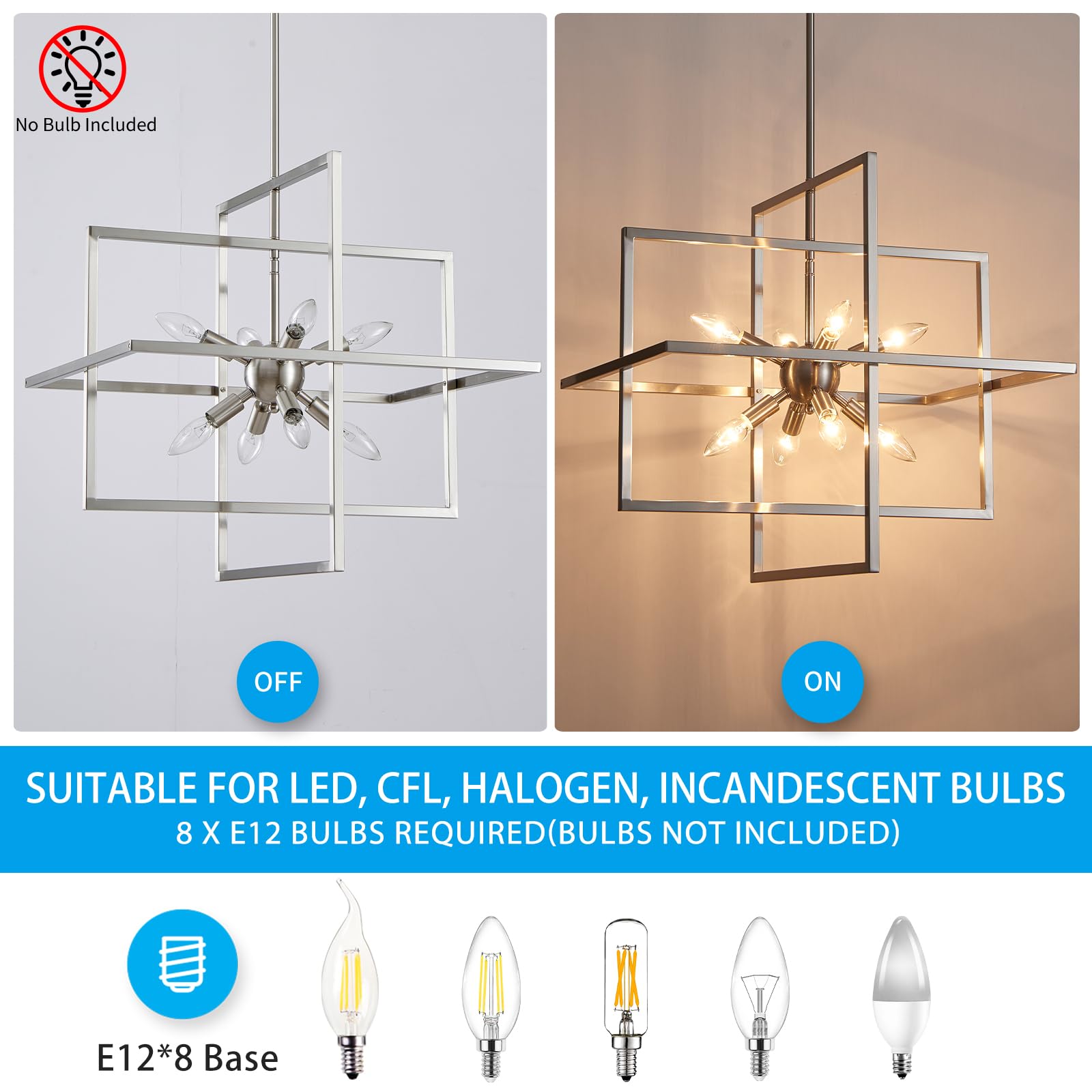XINGQI Brushed Nickel Chandelier, 8-Light Modern Pendant Lighting for Dining Room, Kitchen, Living Room - Model XY109-BN