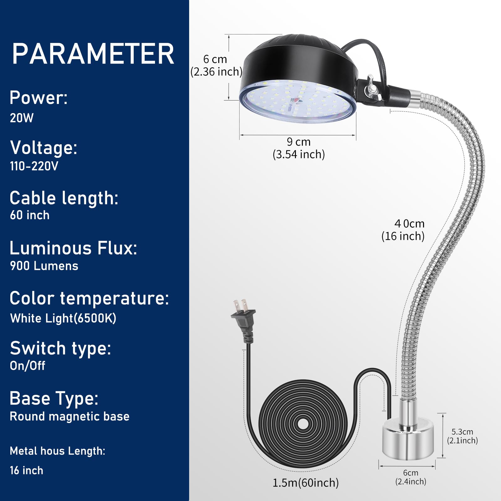 Wangjiatai Magnetic Work Light, Led Sewing Machine Light With 400Mm Flexible Gooseneck And Magnetic Base, Shop Tool Lamp For Lat