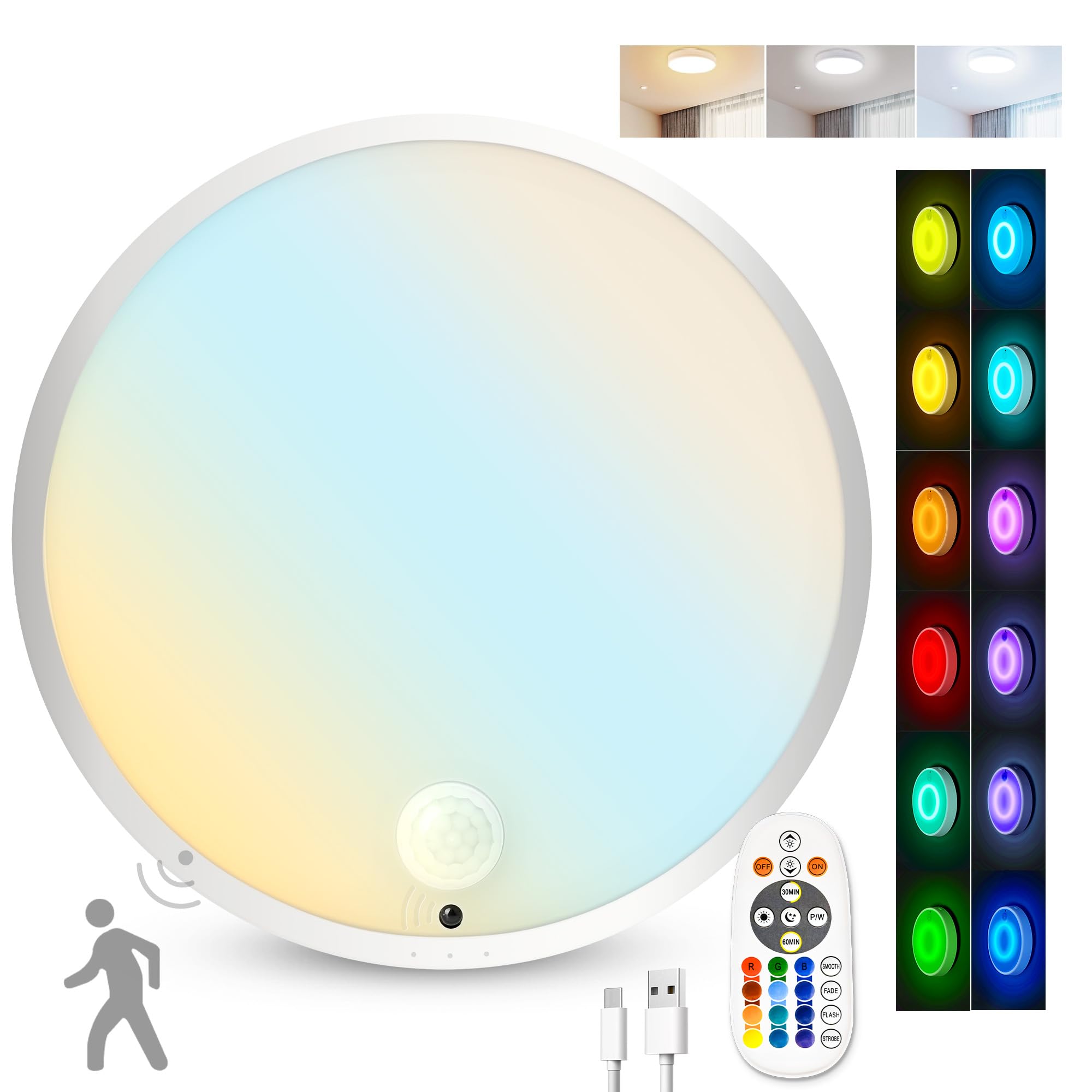 Motion Sensor Ceiling Light, Rechargeable Battery Powered Ceiling Light with 15 Color Temperatures, Motion Activated Closet Ligh