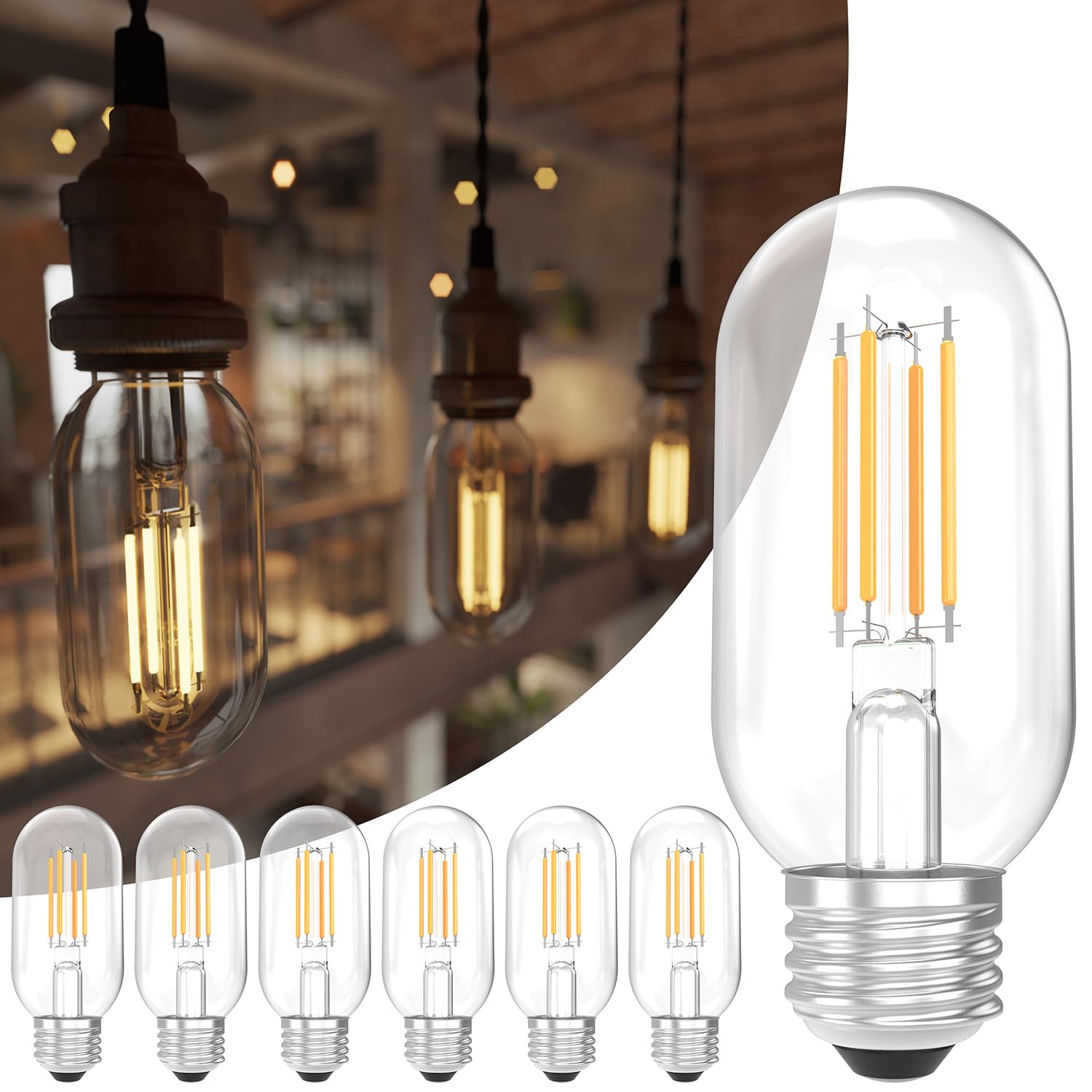 Sunco Lighting T45 Edison Bulbs, 6 Pack, 60W Equivalent, 7W, 2700K Soft White, Dimmable, Clear Glass, Medium Base, Wet Rated