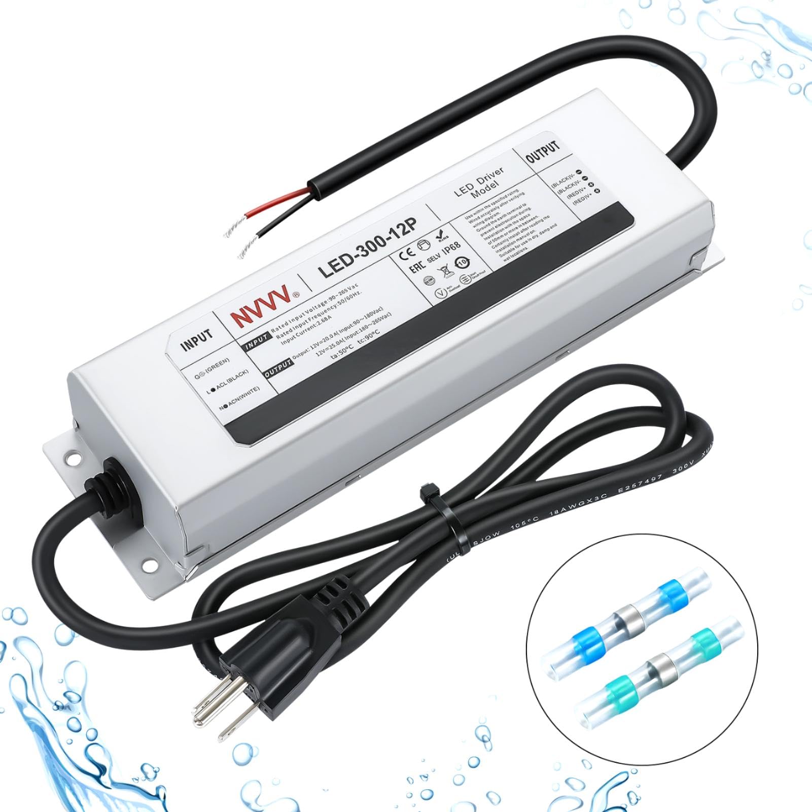 LED Driver 300W 12V DC 25A Waterproof IP68 Power Transformer Adapter, 90-265V AC Input with Active PFC 3-pin Plug - for LED Stri