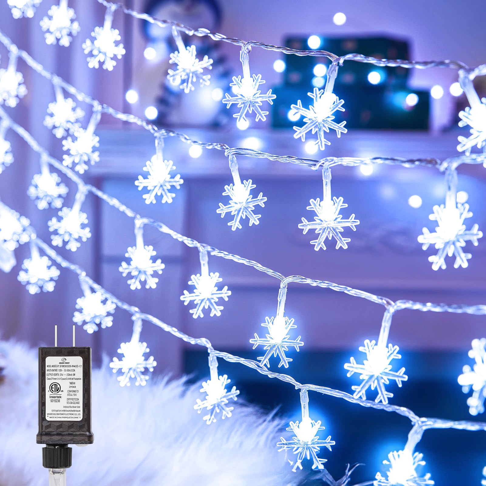 Brightown Christmas Snowflake String Lights, 100 LED, 43 FT, 8 Modes, Waterproof, Plug-in, White, Model DMO-S-100