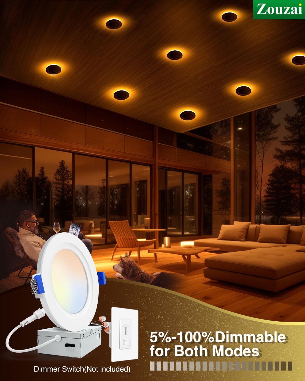 Zouzai 12 Pack 4 Inch 5Cct Led Recessed Ceiling Light With Night Light, 2700K/3000K/3500K/4000K/5000K Selectable Ultra-Thin Ligh