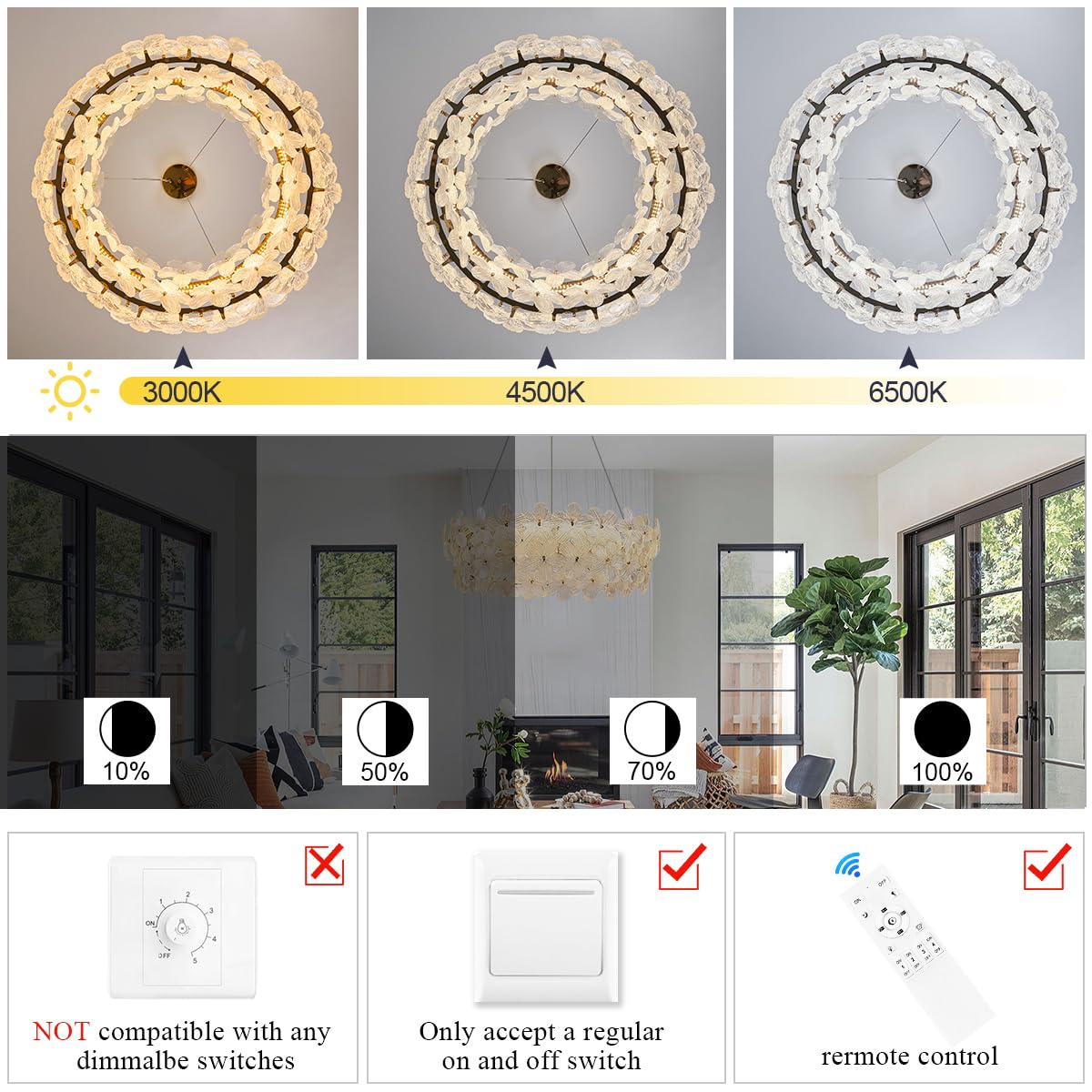 Poemoon D32" Gold LED Chandelier with Remote Control, Dimmable 3000-6500K, Modern Design for High Ceilings, Model P50-800G1