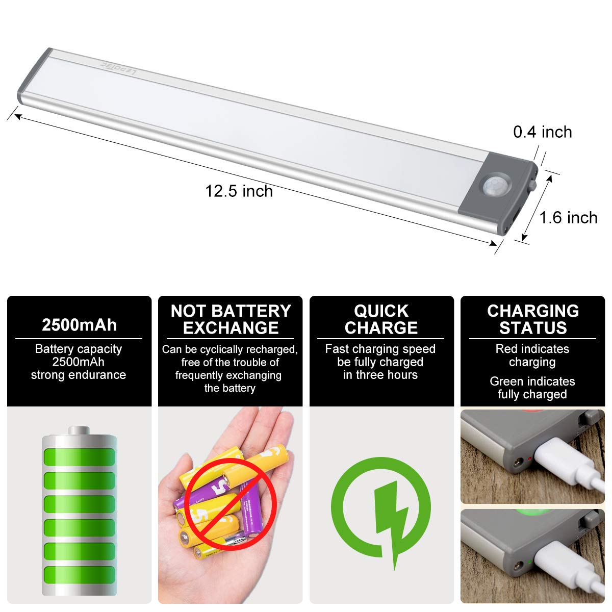 LEPOTEC LED Motion Sensor Cabinet Light, 54-LED, USB Rechargeable, 12.5inch, Silver-white, Battery Operated for Wardrobe & Closet
