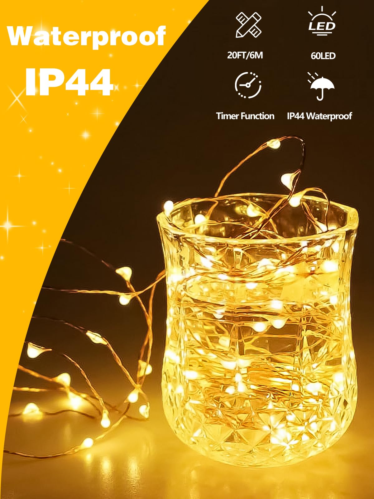 BOSSERN 6 Pack 60LED Battery Operated Fairy Lights, Warm White, Remote, 8 Modes, Timer, Dimmable, Waterproof, Model DCHD-06-60LED