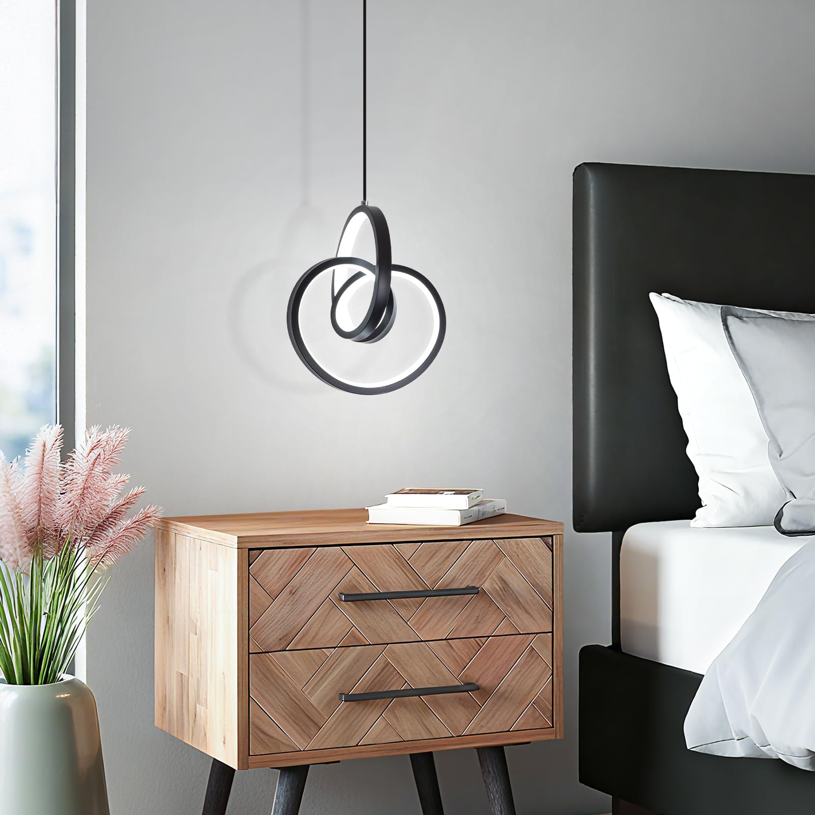 Sovinzert Modern Led Pendant Light Fixtures 6000K Pendant Lights Kitchen Island Lighting Adjustable Height Black Hanging Lamp For Dining Room Bedroom Living Room (1 Pack)