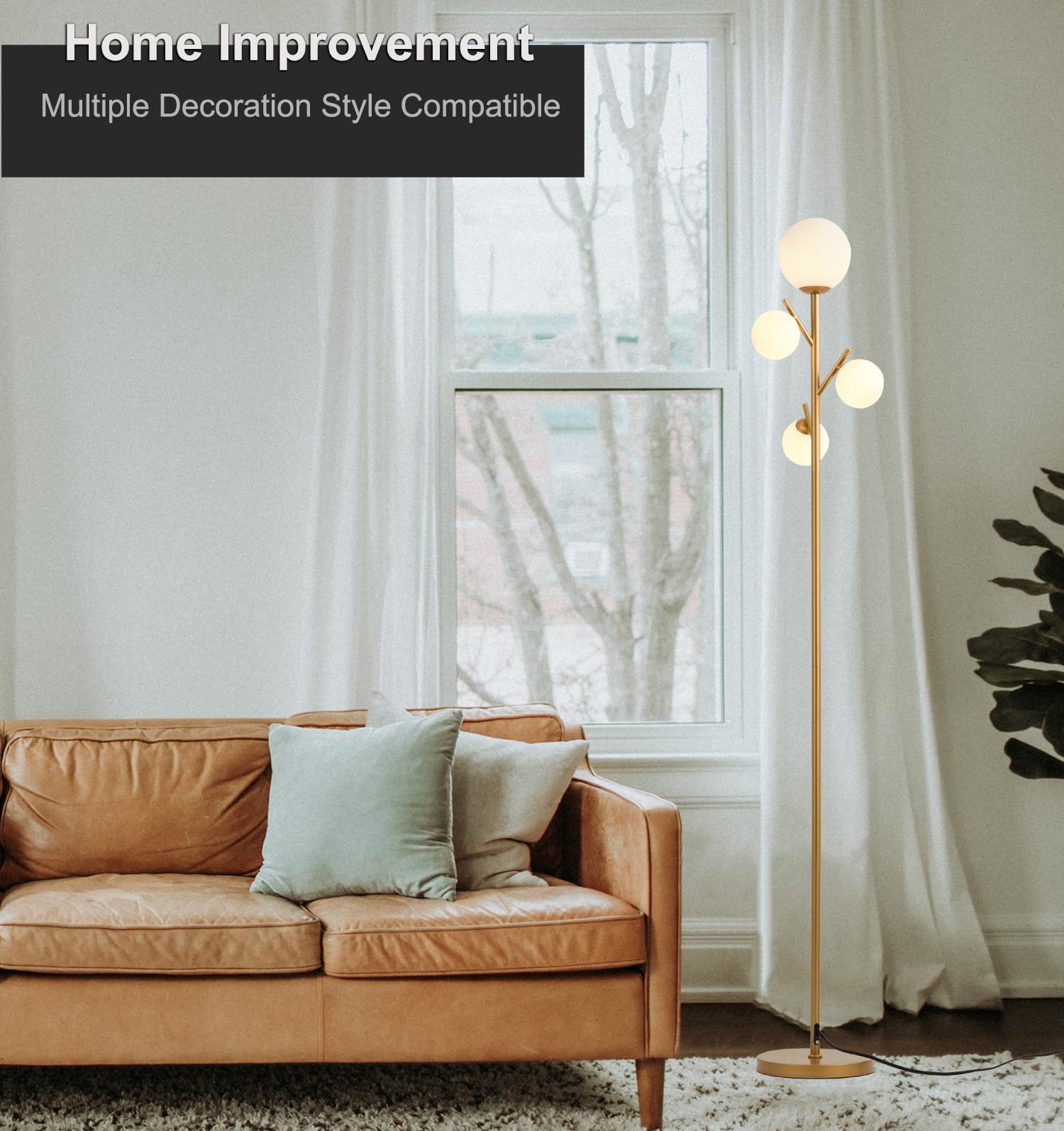 Fiqevs Modern 4 Globe Gold Floor Lamp With Frosted Glass, Mid Century Design, 3000K Led