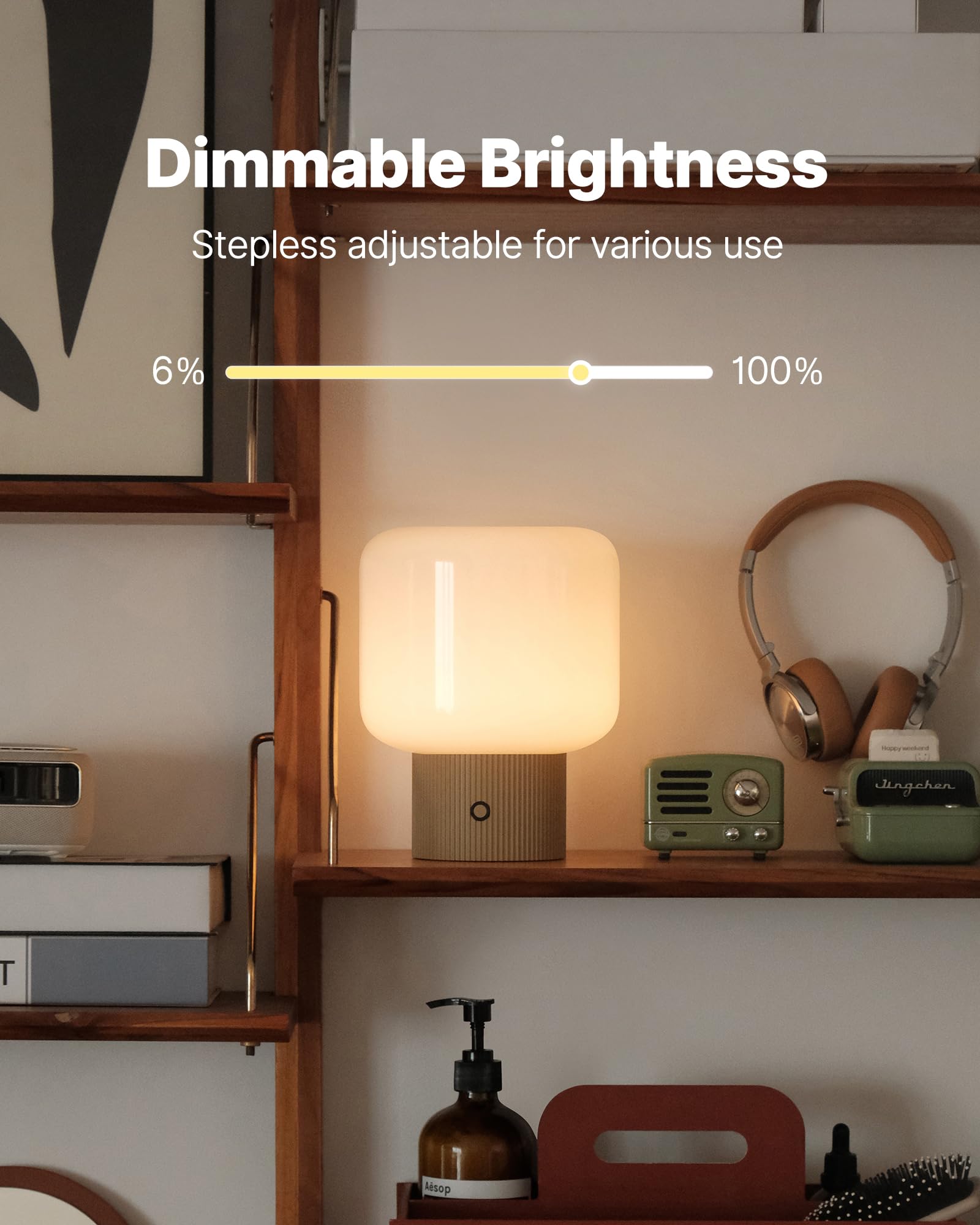 MAGCHARM Halo Mushroom Lamp - 5W Cordless LED Table Light, Dimmable, Mustard Yellow, Retro Design for Bedroom Decor
