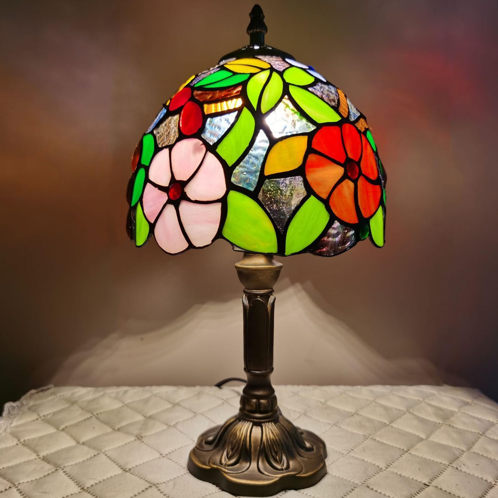 FUMAT Tiffany Small Table Lamp 3-Way Color Temperatures 8x8x15 Inch Grape Rose Model XDFNXINJIAYUAN