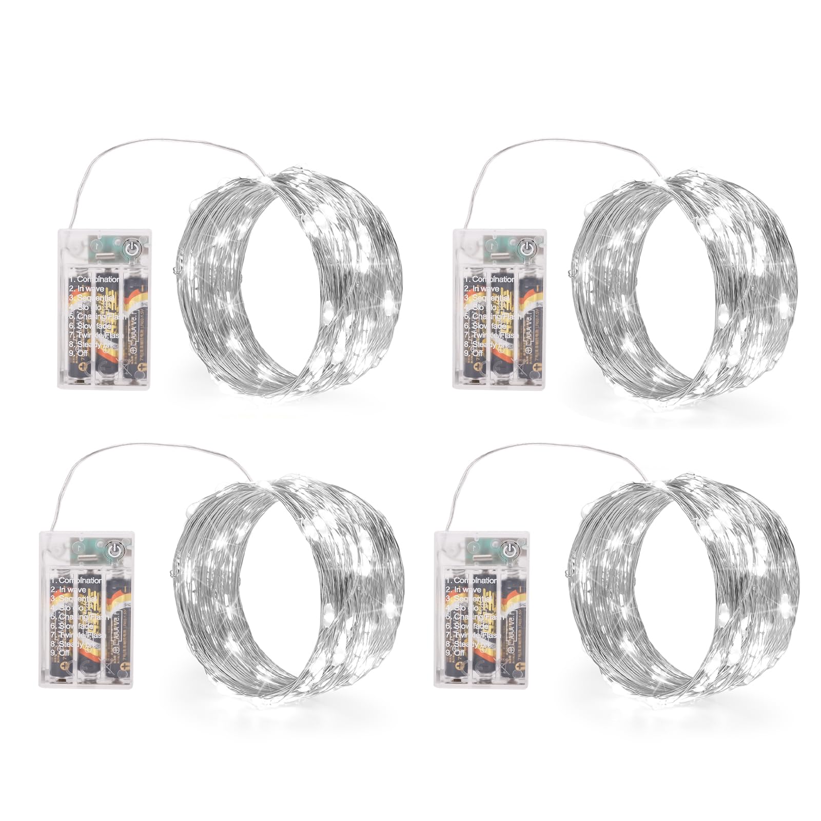 Sinamer White Fairy Lights Battery Operated (Included), 8 Modes & Auto Timer, 4 Packs 5M 50Led Mini Twinkle Silver Wire Firefly Starry Lights, Waterproof Battery Operated Lights For Tree Bottle Party