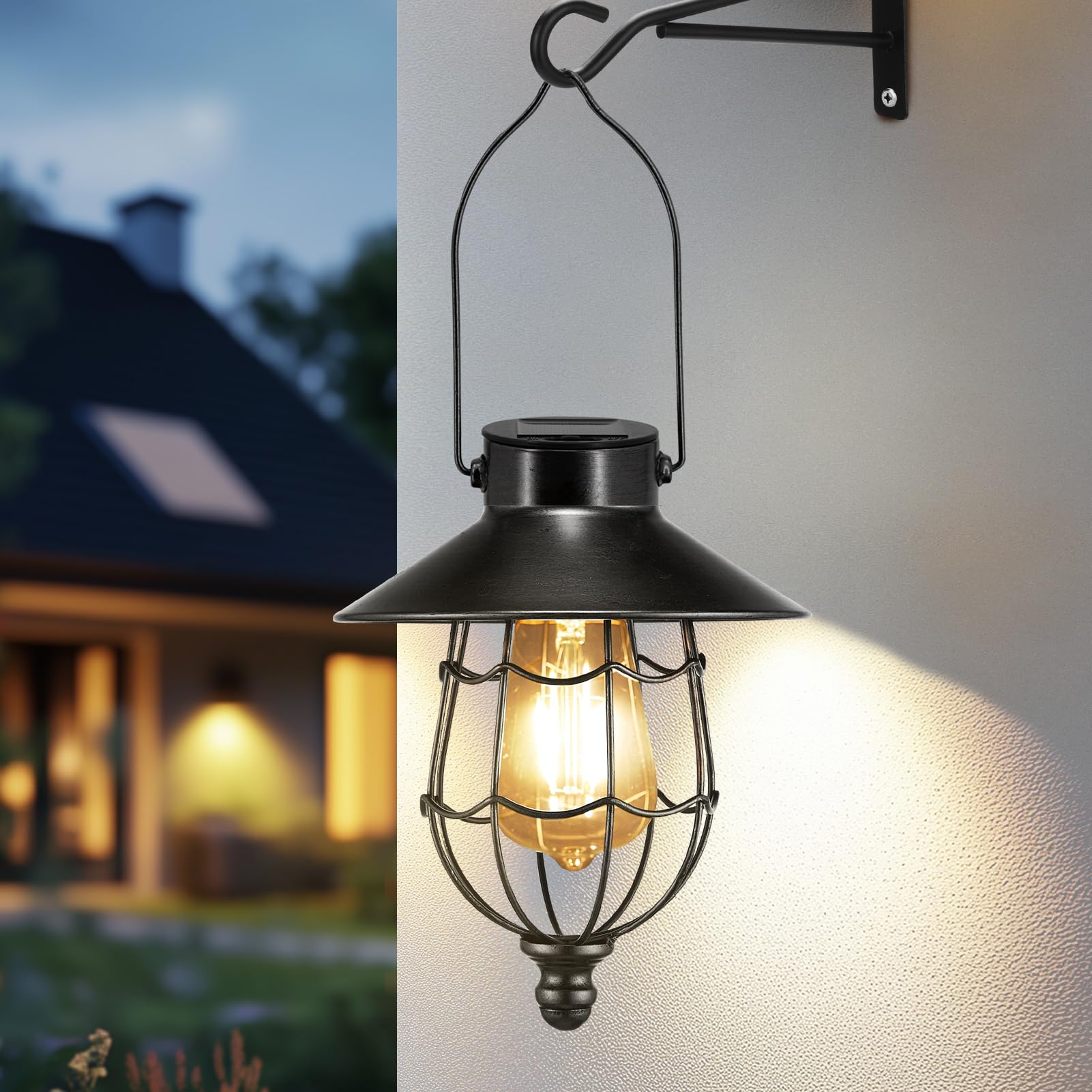 pearlstar Solar Lantern - Vintage Waterproof Hanging Light, Warm White Edison Bulb Design, Black, Model 176