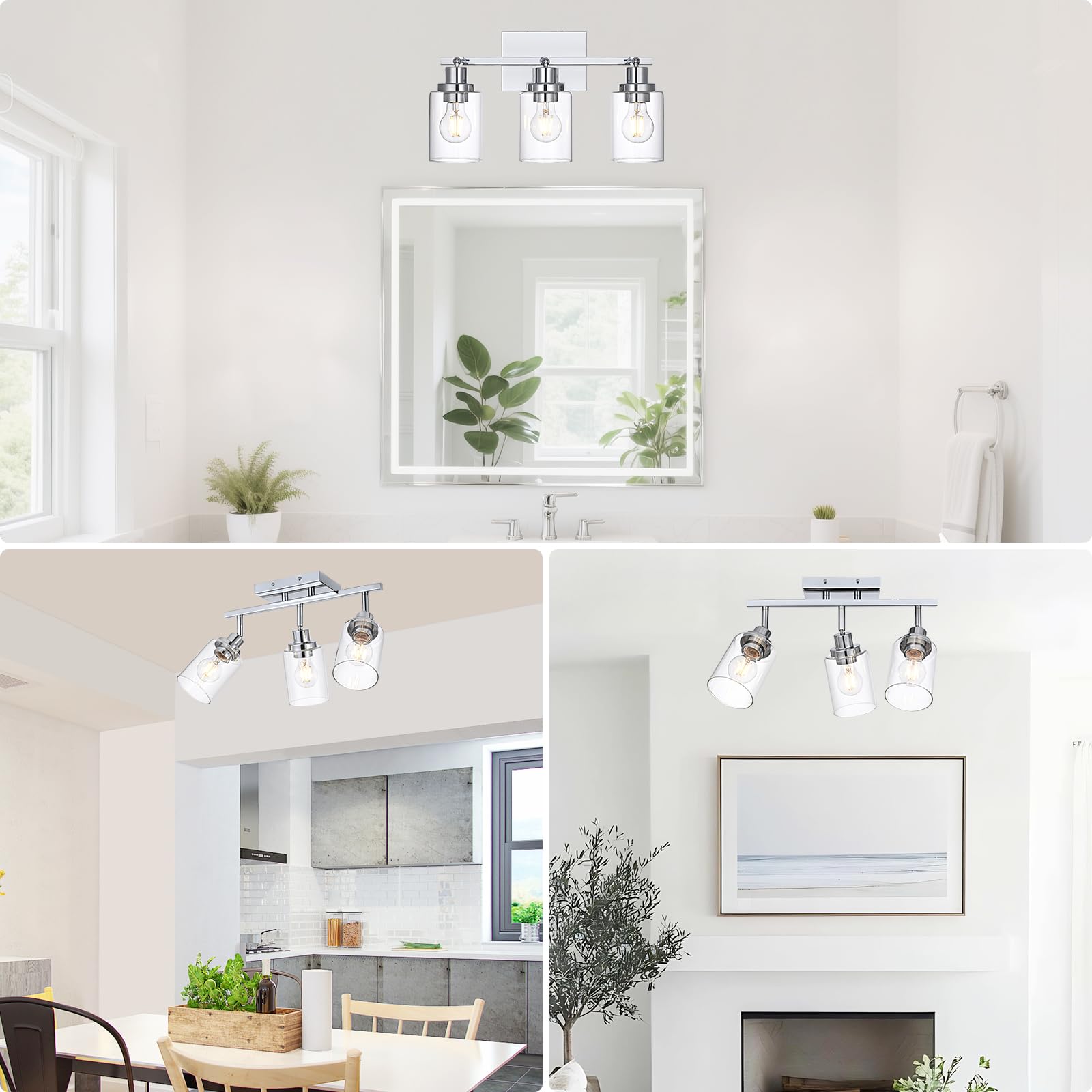 Wanluce 3-Light Track Lighting Kit Ceiling Kitchen Track Lighting Fixtures Chrome Bathroom Vanity Wall Lights With Clear Glass Multi-Directional Rotating Tracking Light Heads Spotlight For Accent Shop